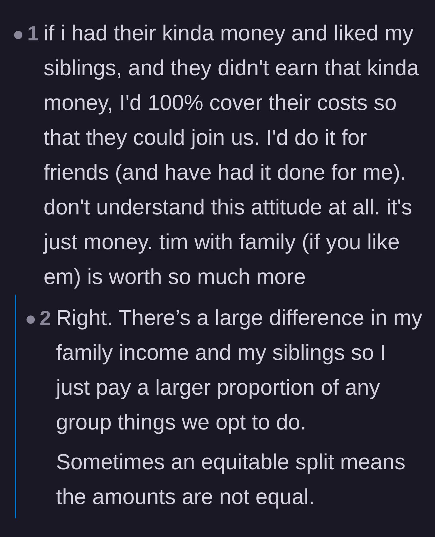 Comment thread 1 - Readers sharing personal stories of paying a larger, equitable share to ensure lower-income siblings can attend family trips.