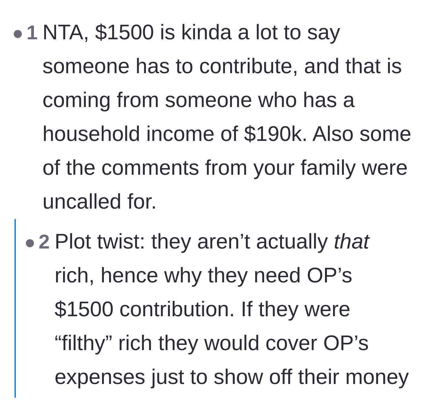 Comment thread 2 - A high earner noting that $1500 is an objectively large ask, while replies suspect the wealthy family might actually be cash-poor.