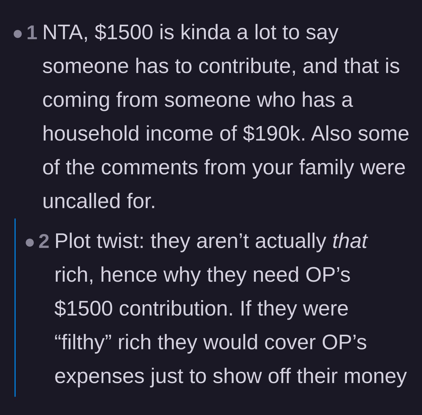 Comment thread 2 - A high earner noting that $1500 is an objectively large ask, while replies suspect the wealthy family might actually be cash-poor.