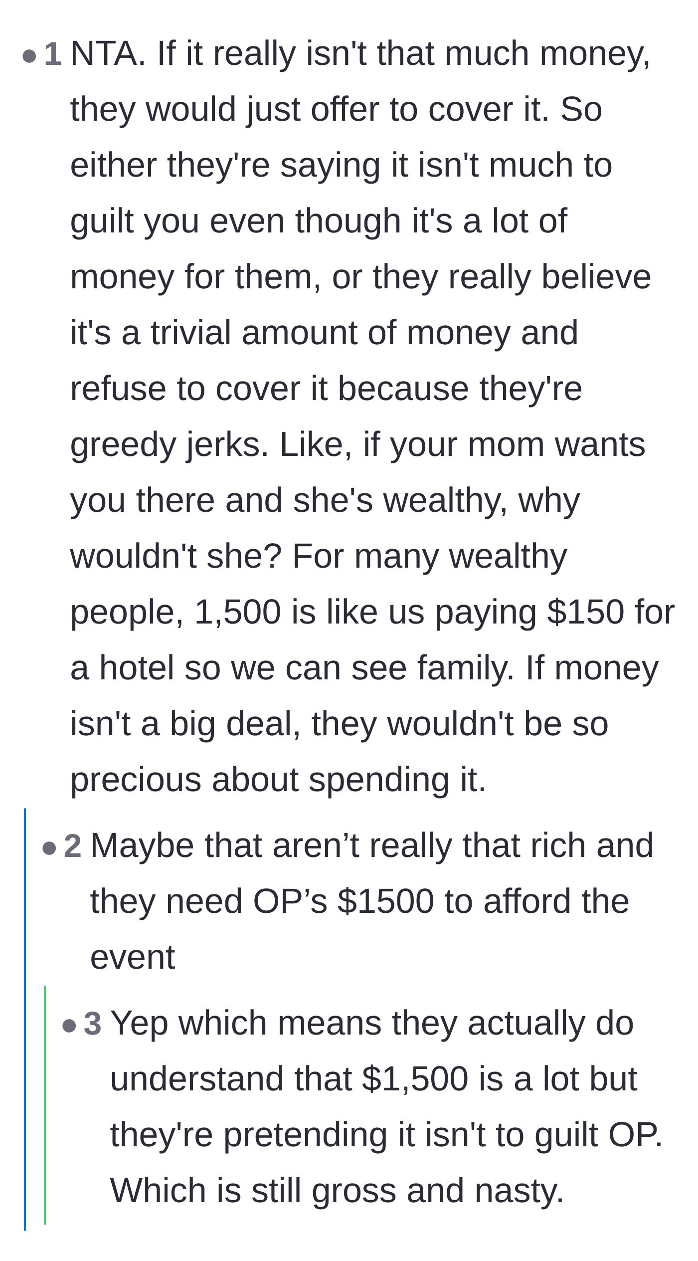 Comment thread 5 - A debate pointing out that if $1500 truly wasn't a big deal to the wealthy parents, they would have easily covered it themselves.