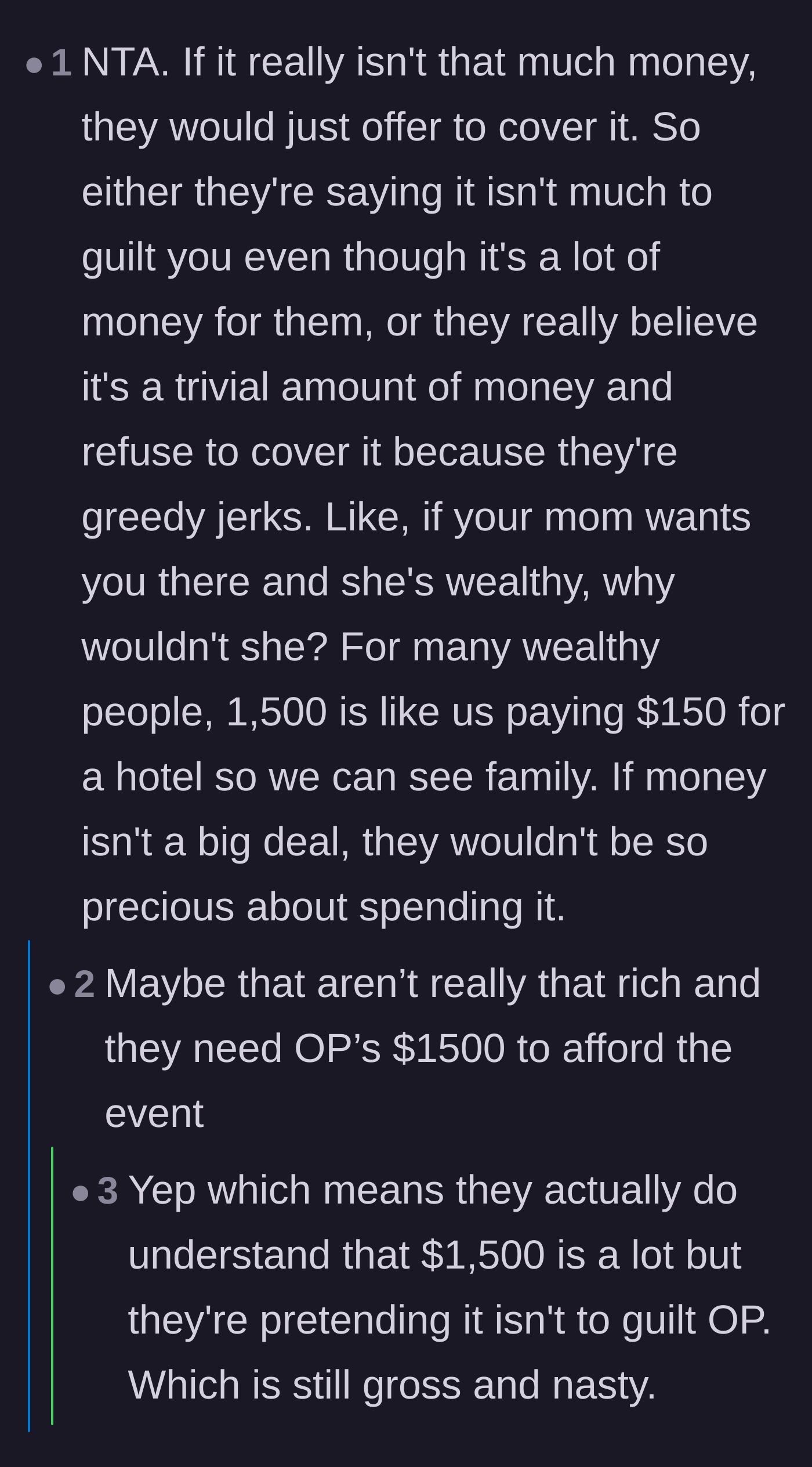Comment thread 5 - A debate pointing out that if $1500 truly wasn't a big deal to the wealthy parents, they would have easily covered it themselves.