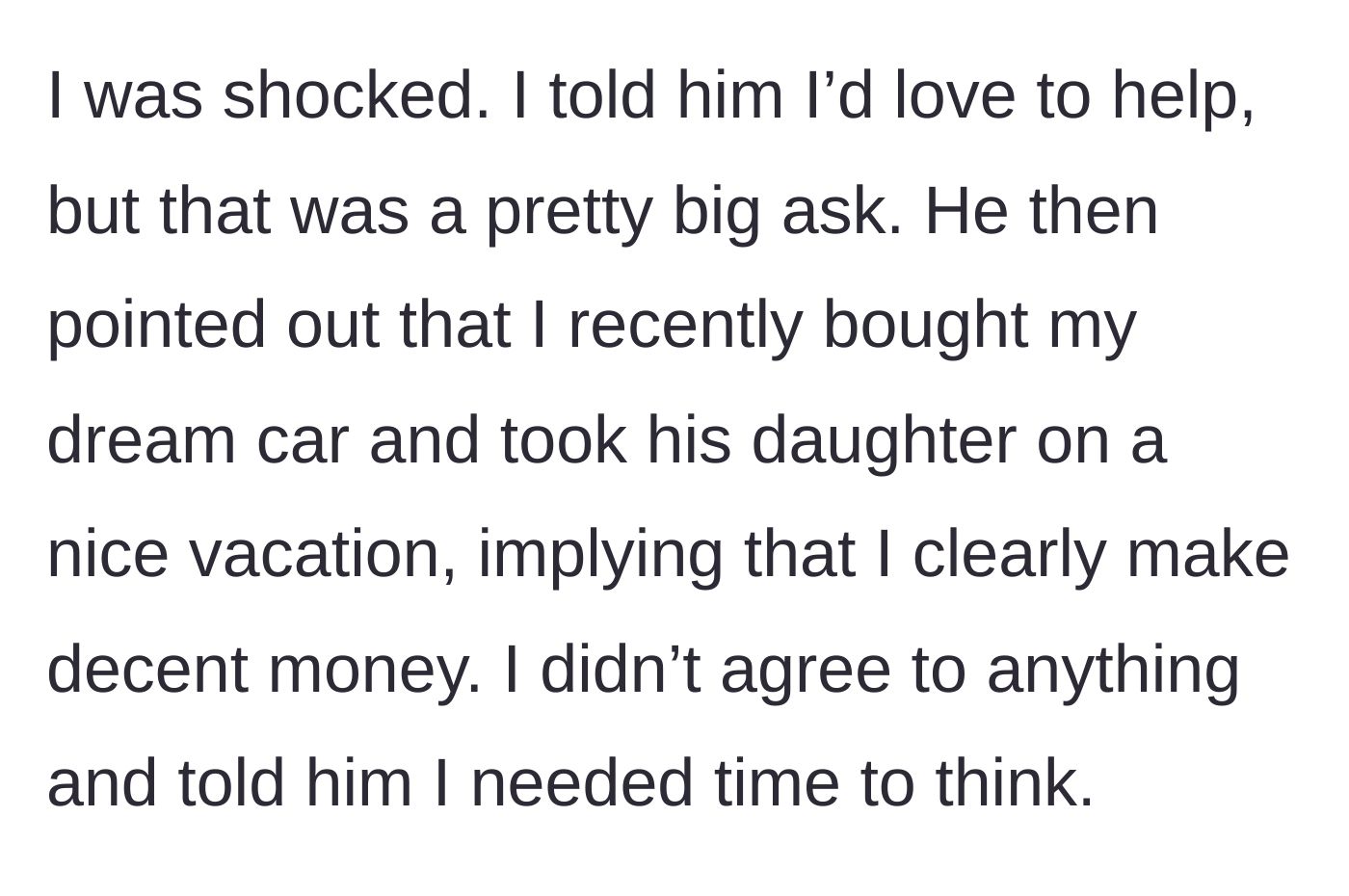 Story part 4 - Frank tries to guilt-trip the boyfriend by pointing out his recent new car purchase and vacation with Frank's daughter.