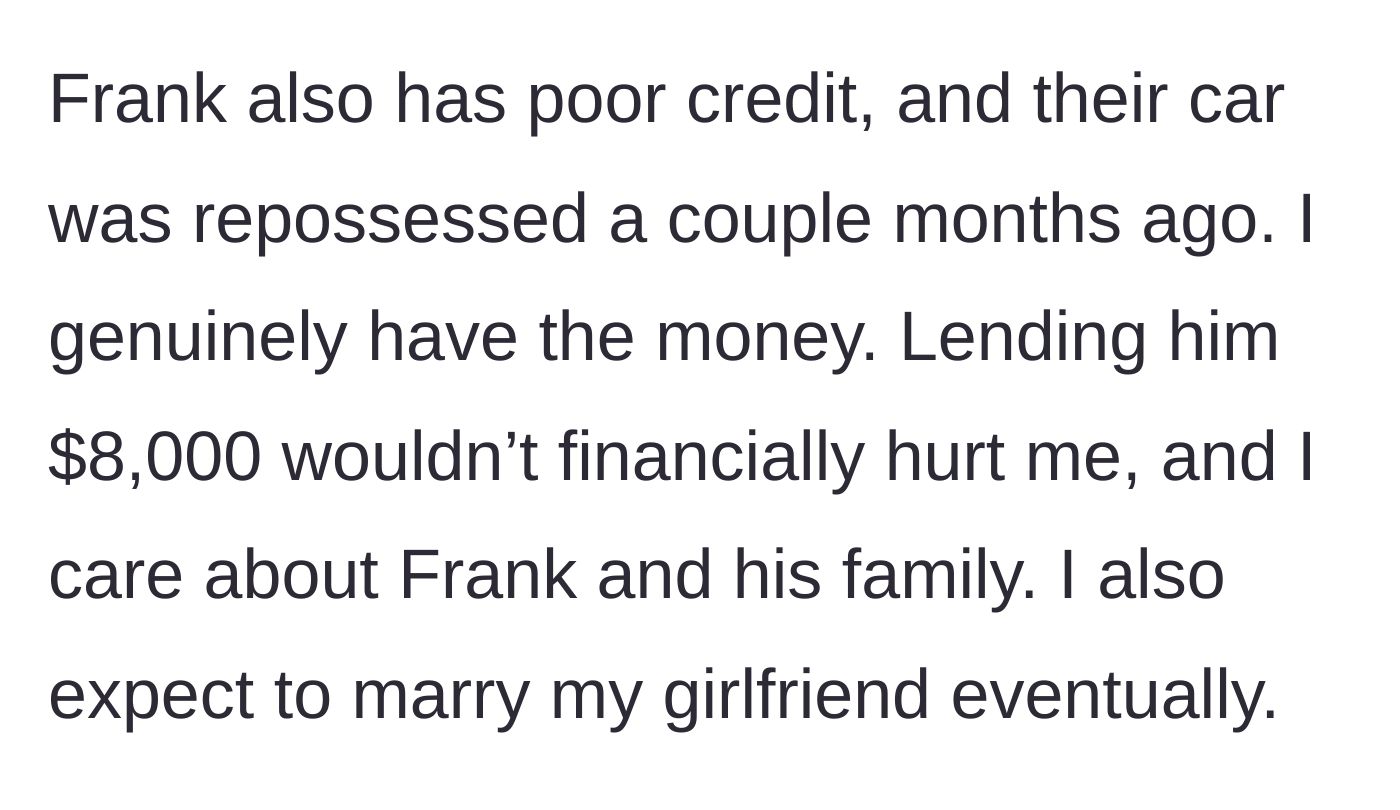 Story part 6 - The boyfriend notes Frank's car was recently repossessed, highlighting the financial risk, even though the boyfriend can afford the $8,000.