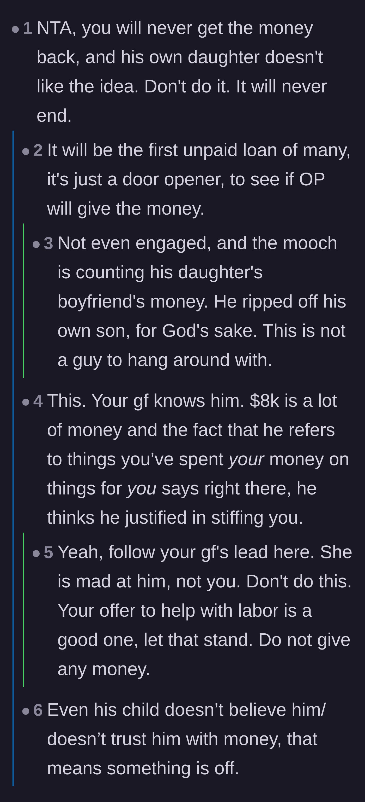 Comment thread 1 - Readers agree that the girlfriend's anger is the biggest red flag and warn that this loan is just a test to see if he can be used.