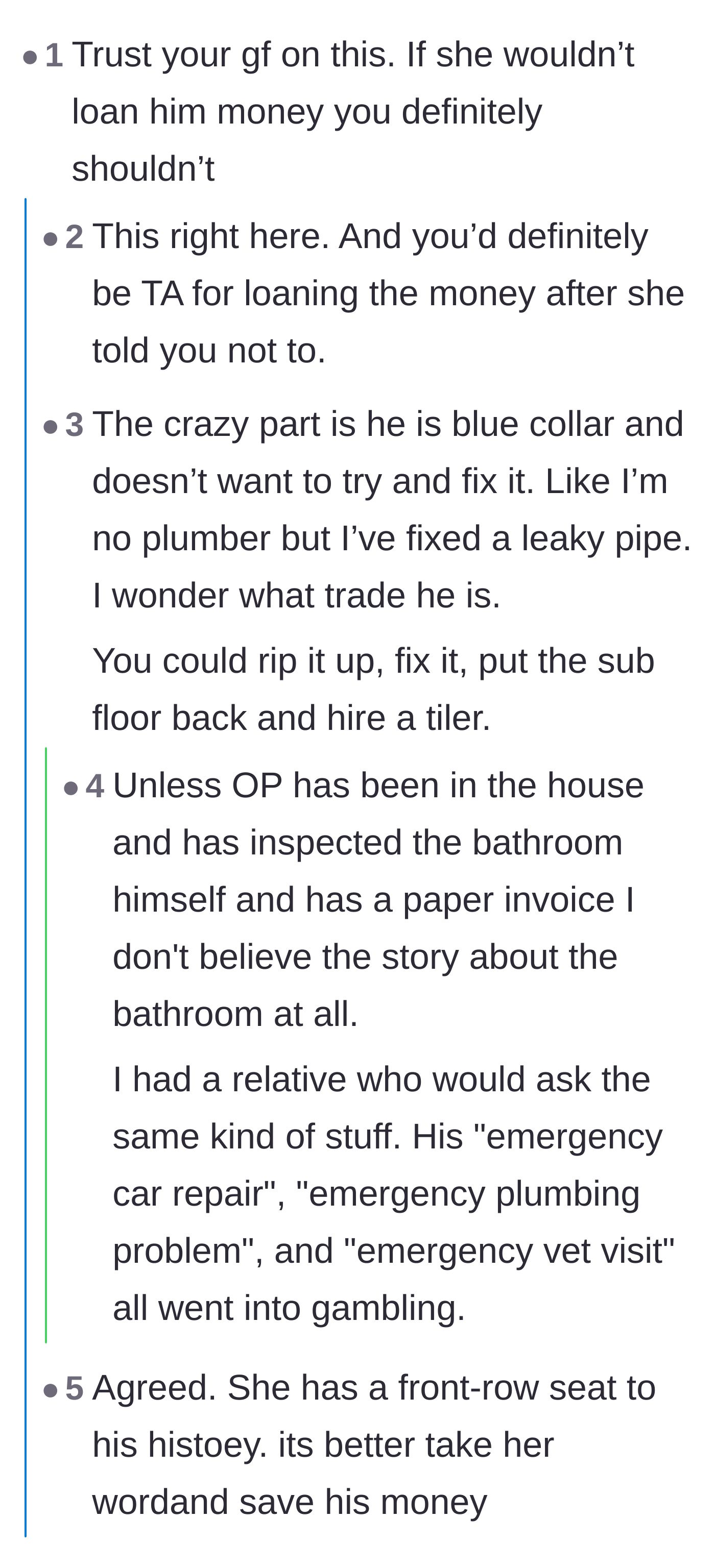 Comment thread 2 - Users question why a blue-collar worker won't do the basic labor himself and speculate the bathroom crisis might actually be a cover for gambling debts.