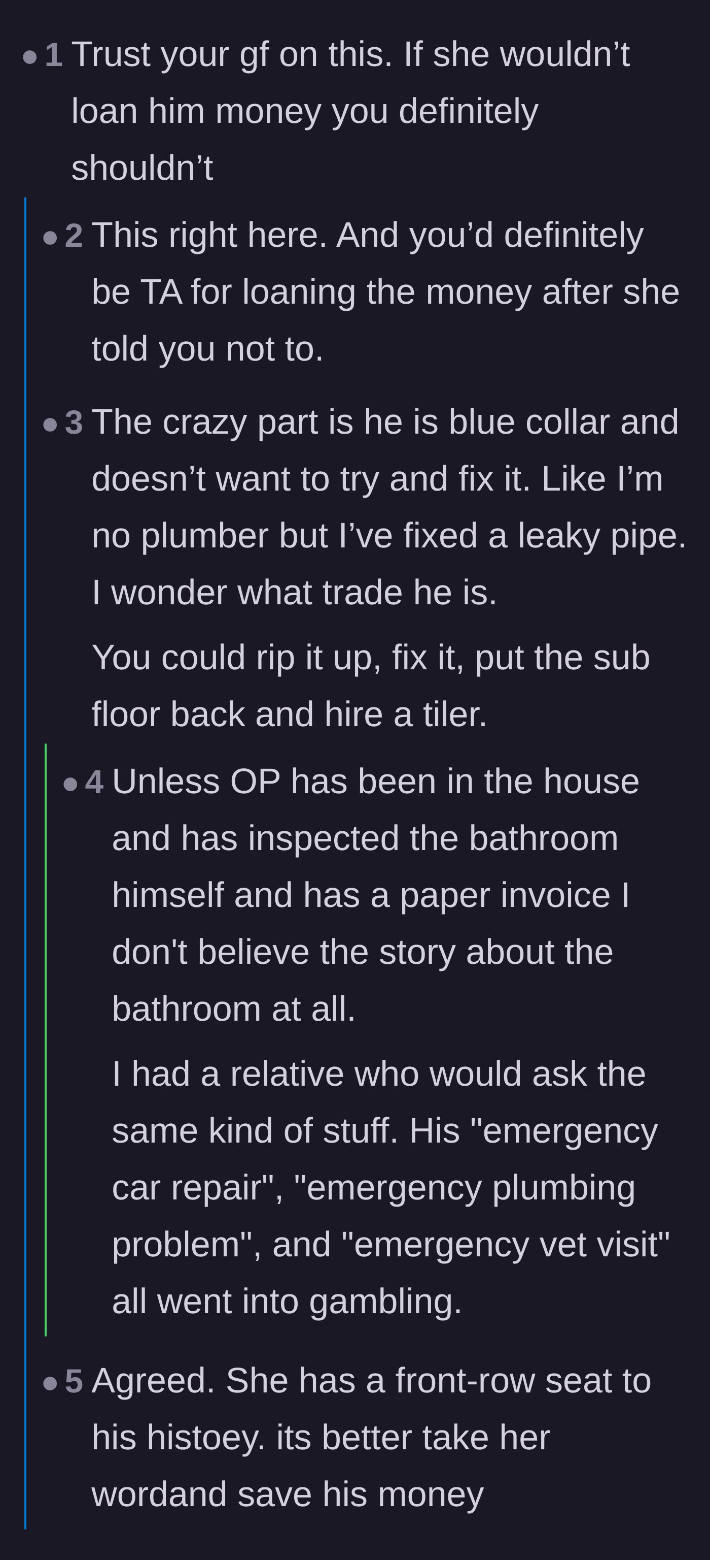 Comment thread 2 - Users question why a blue-collar worker won't do the basic labor himself and speculate the bathroom crisis might actually be a cover for gambling debts.