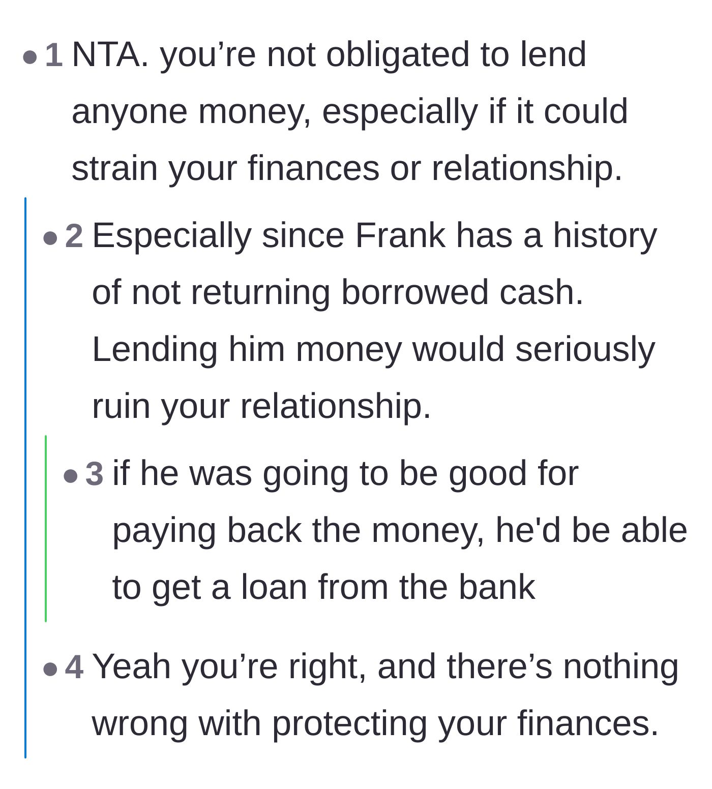 Comment thread 3 - Discussion on how protecting personal finances is paramount and that banks deny loans to people like Frank for a reason.