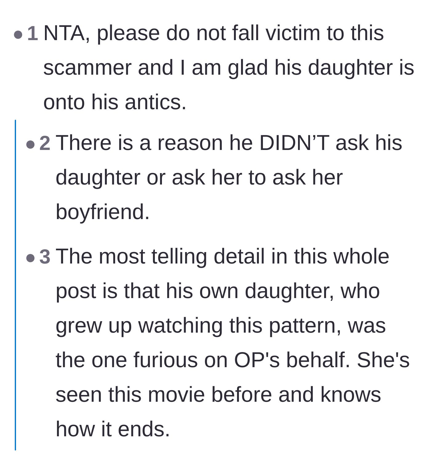 Comment thread 4 - Commenters point out that Frank deliberately didn't ask his daughter for the money because she already knows he's a scammer.