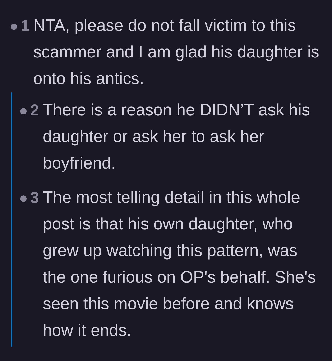 Comment thread 4 - Commenters point out that Frank deliberately didn't ask his daughter for the money because she already knows he's a scammer.