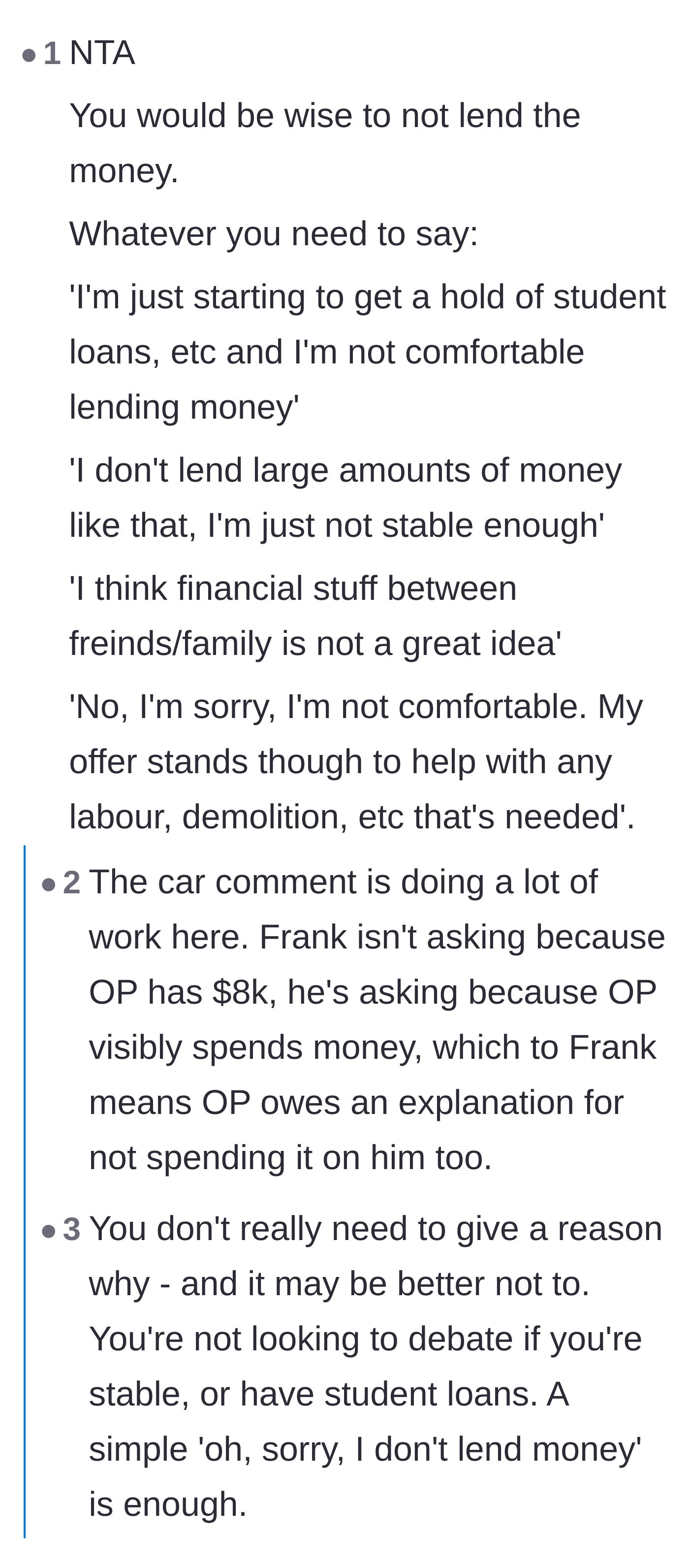 Comment thread 5 - Advice on how to firmly say no without offering excuses, noting that Frank feels entitled to the boyfriend's visible wealth.