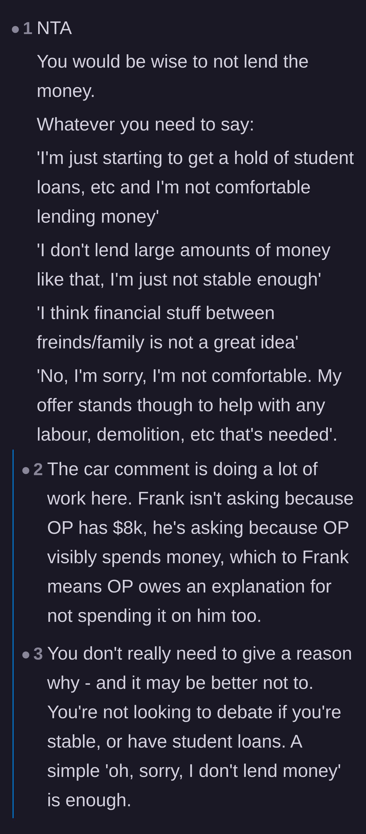 Comment thread 5 - Advice on how to firmly say no without offering excuses, noting that Frank feels entitled to the boyfriend's visible wealth.