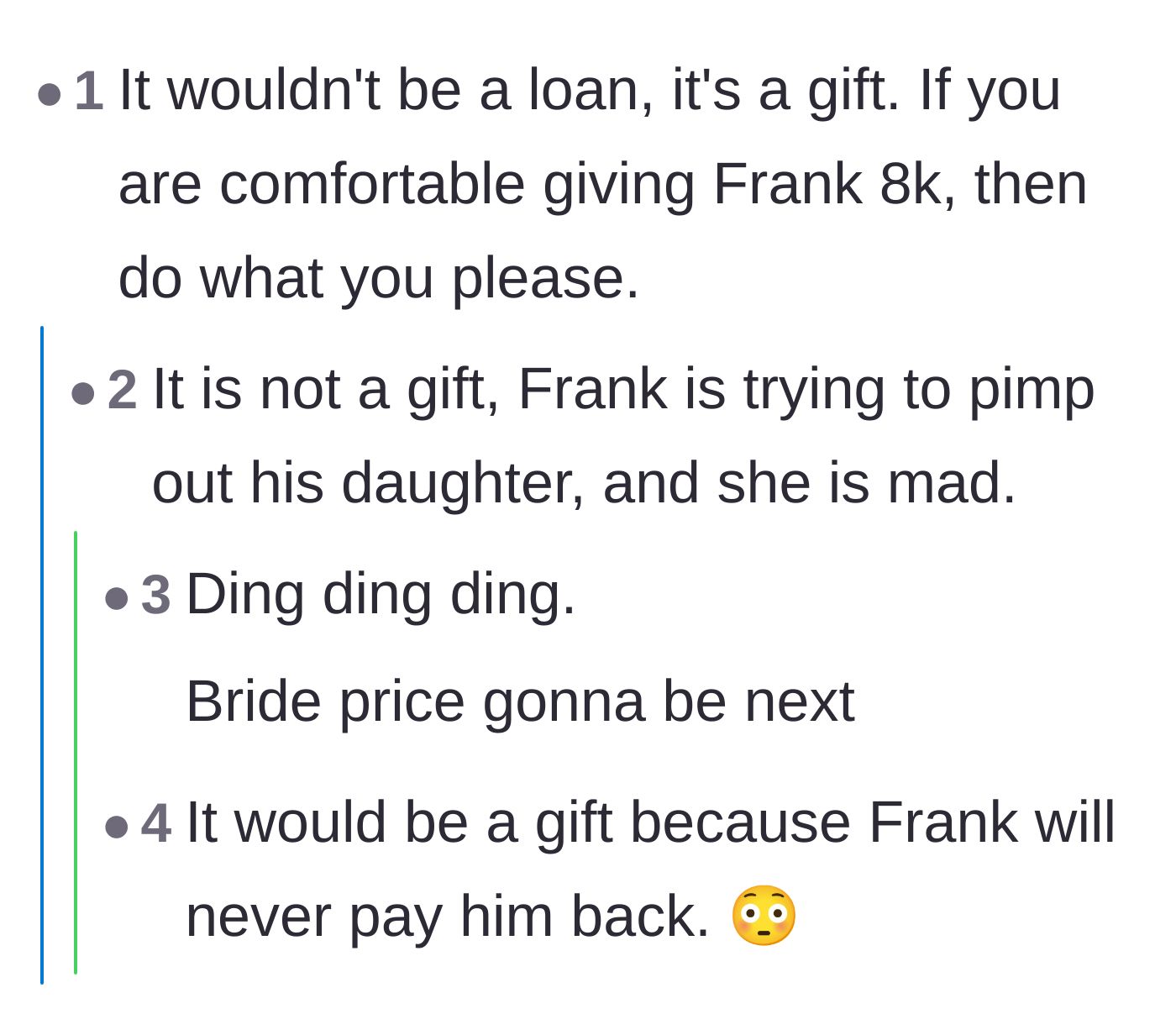 Comment thread 6 - Debate over whether giving the money is actually just a permanent gift, with some joking it's a modern-day bride price.