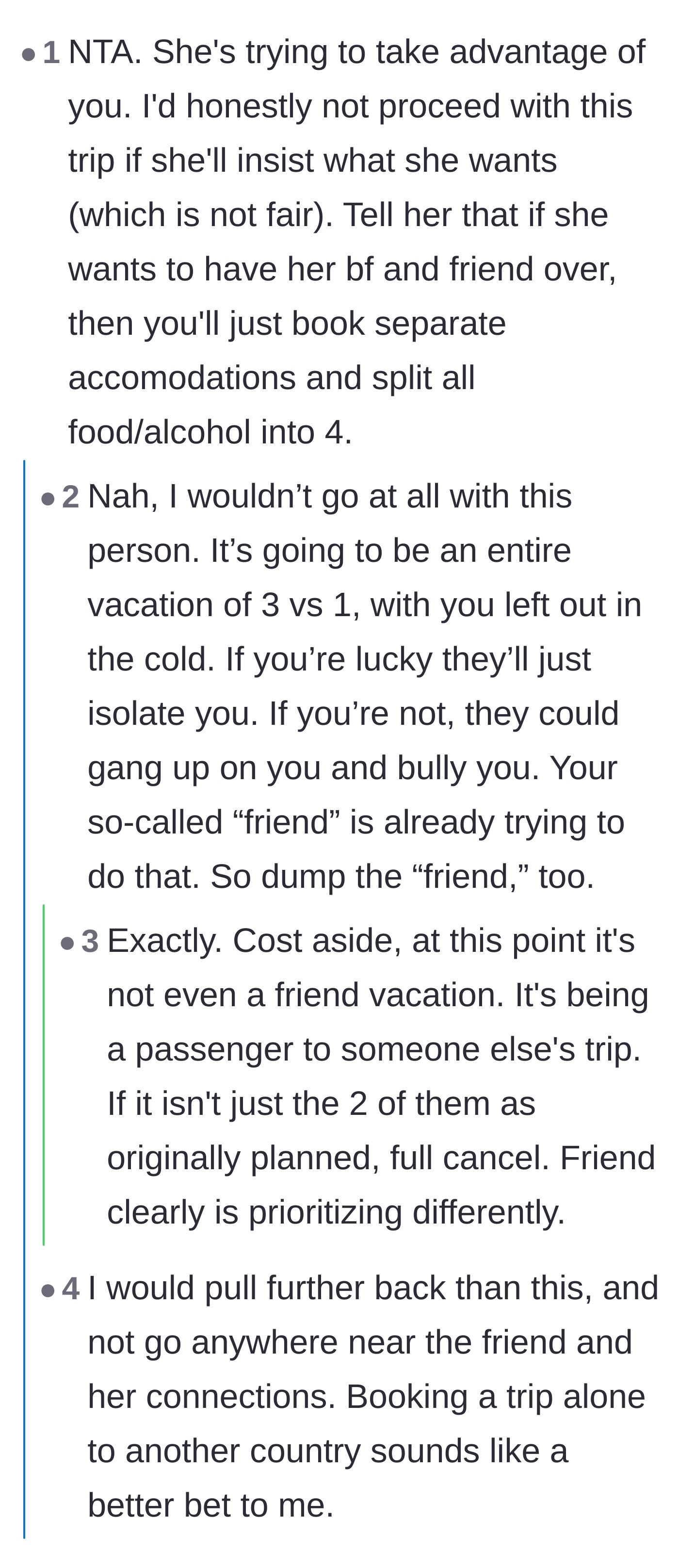 Comment thread 3 - Discussion about how going on the trip would lead to a toxic three-against-one bullying dynamic.