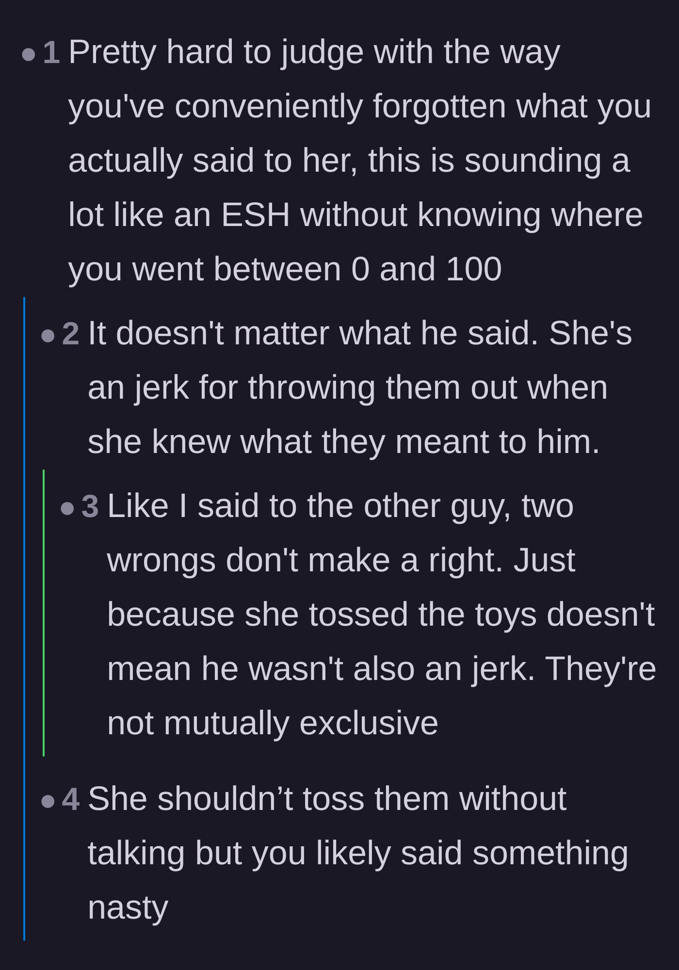 Comment thread 1 - A debate on whether the wife's unilateral disposal of the toys cancels out the husband's forgotten drunken outburst.