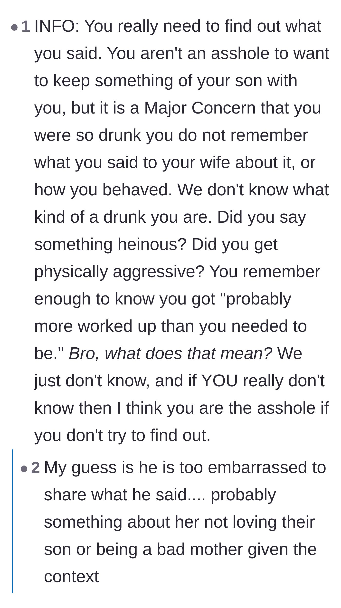 Comment thread 2 - Speculation about the severe, potentially unforgivable things the husband might have said during his drunken blackout.