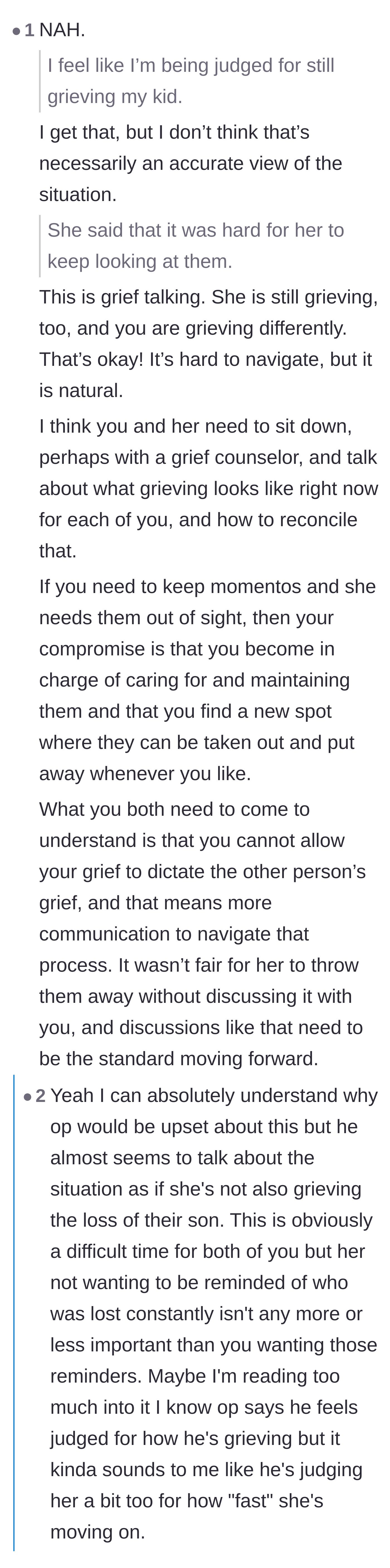 Comment thread 5 - Empathy for the wife's perspective, noting that her need to remove painful reminders is a valid, natural form of grief.