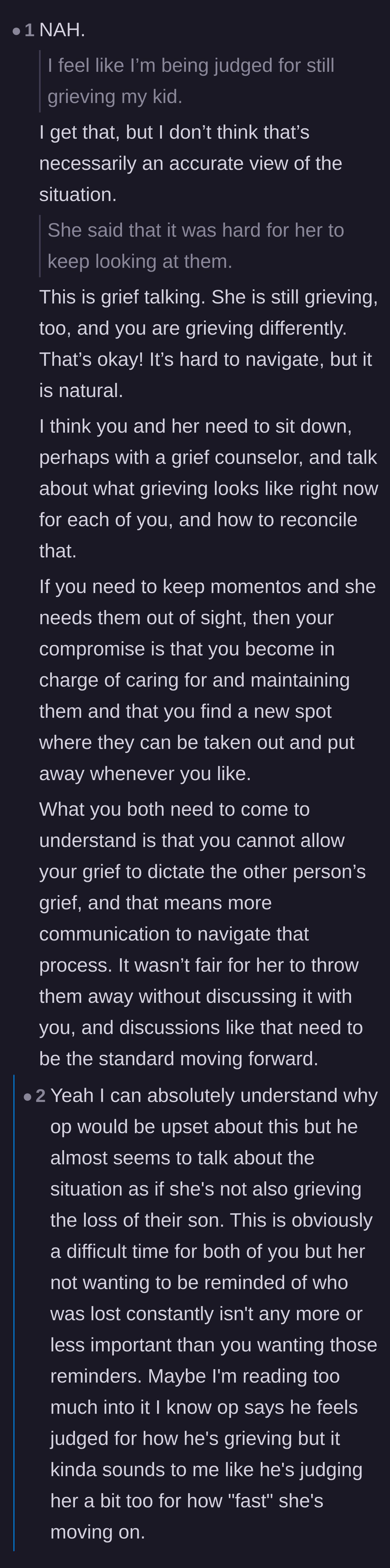 Comment thread 5 - Empathy for the wife's perspective, noting that her need to remove painful reminders is a valid, natural form of grief.