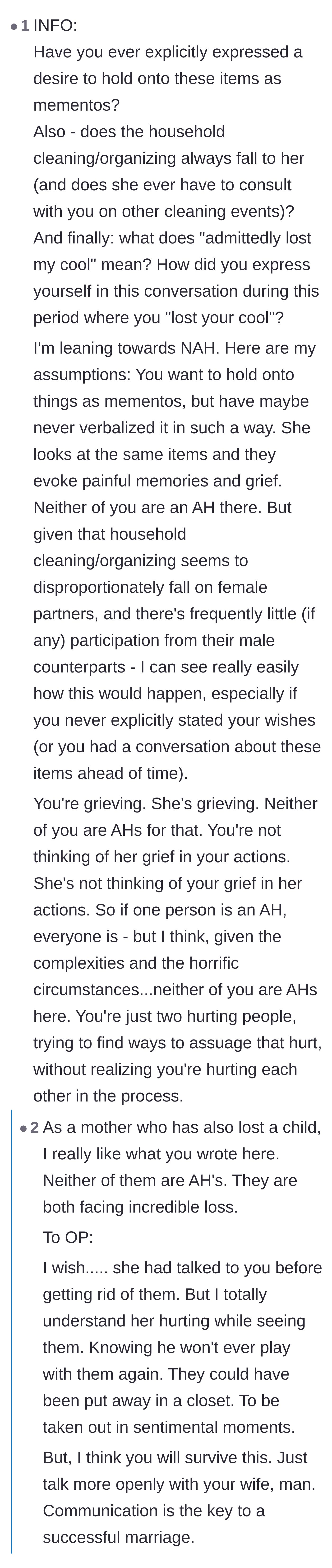 Comment thread 6 - A compassionate breakdown from another grieving mother who concludes that neither partner is at fault, they are just hurting.