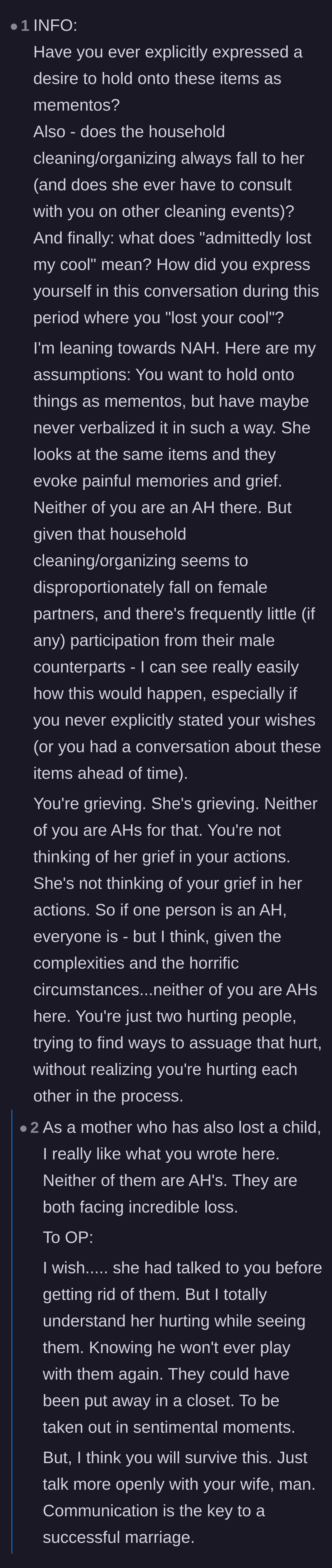 Comment thread 6 - A compassionate breakdown from another grieving mother who concludes that neither partner is at fault, they are just hurting.