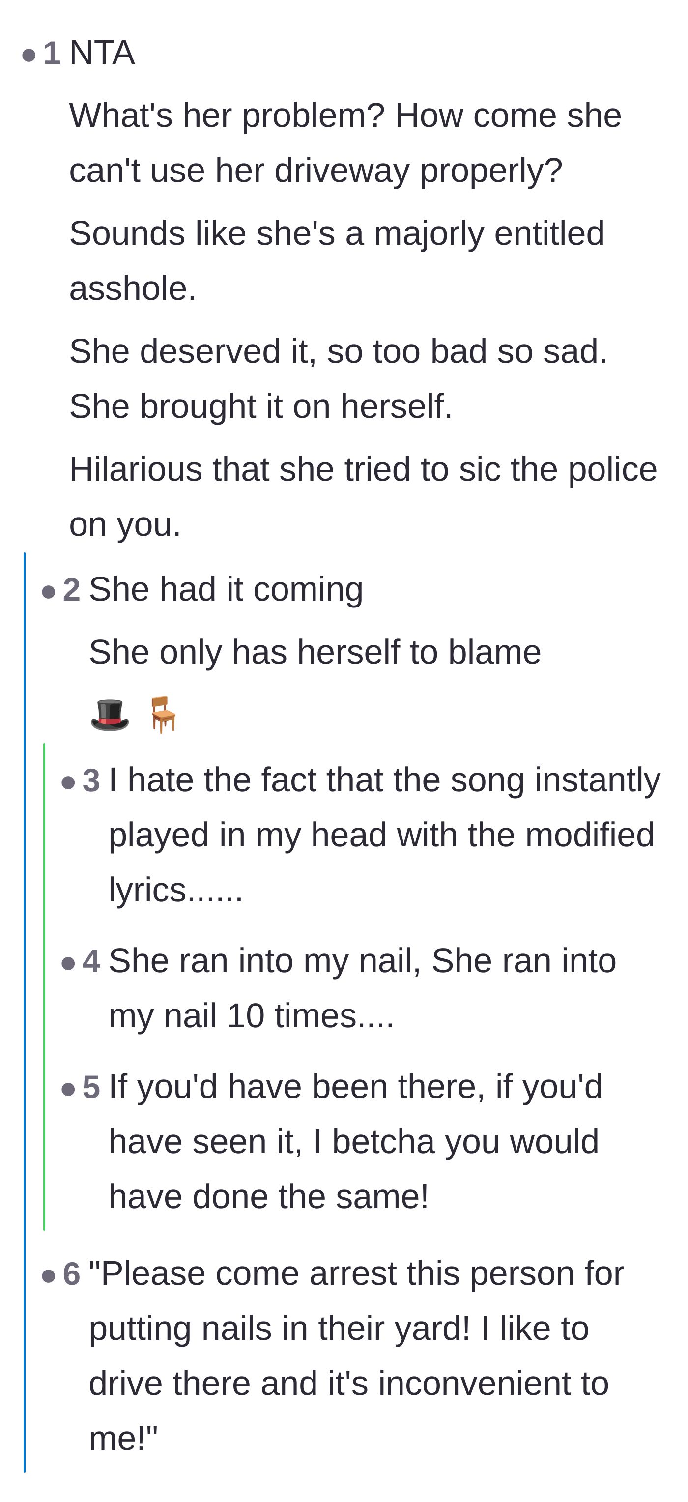 Comment thread 1 - Readers discussing the neighbor's entitlement and quoting the musical Chicago about karma.