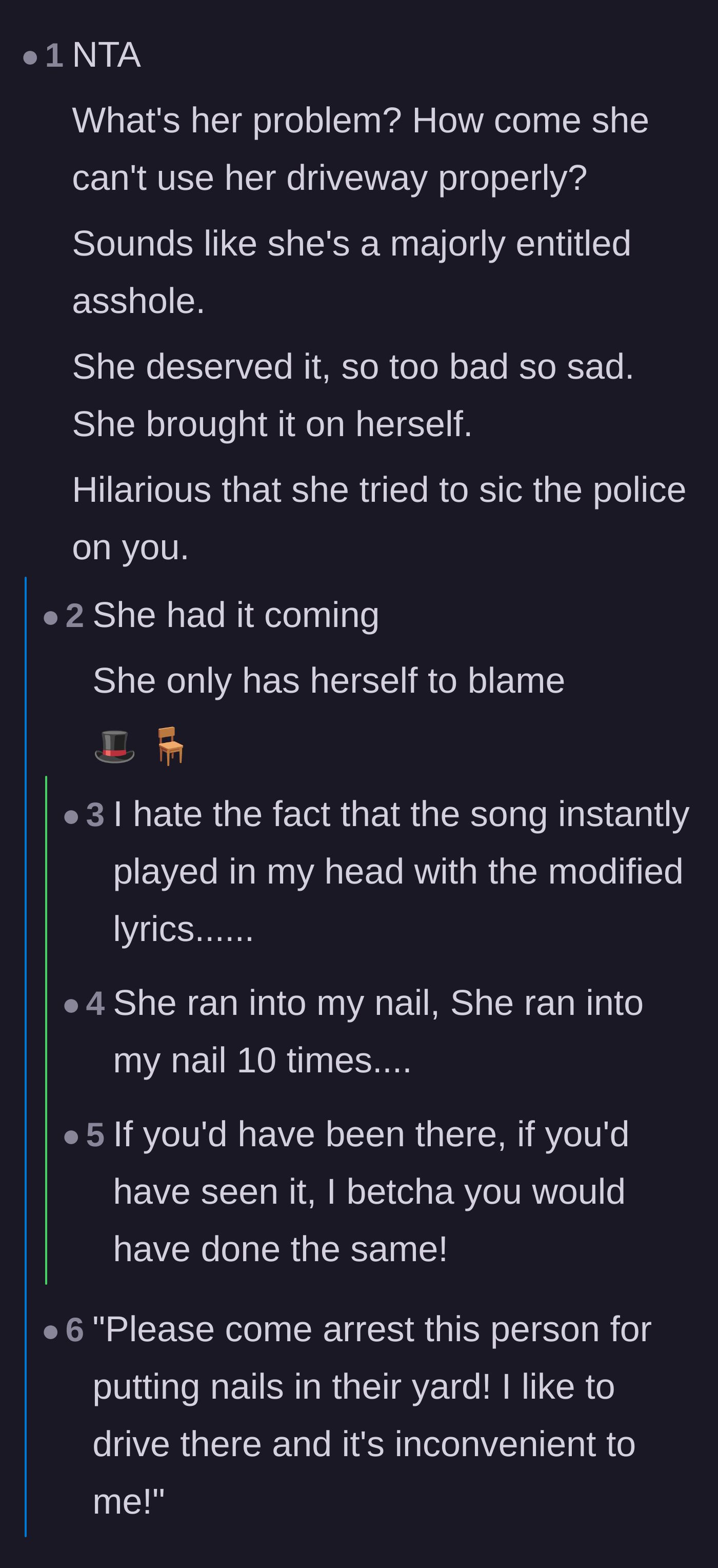 Comment thread 1 - Readers discussing the neighbor's entitlement and quoting the musical Chicago about karma.
