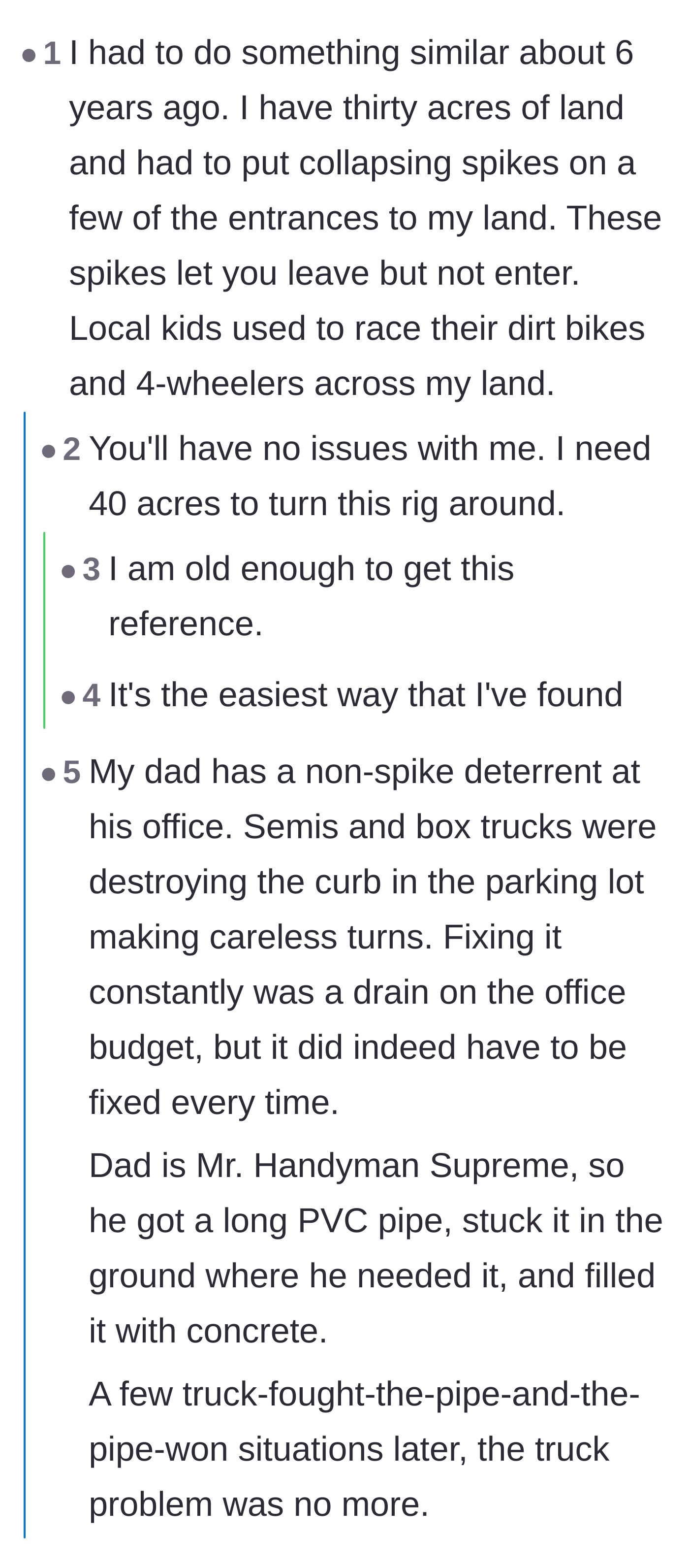Comment thread 2 - Commenters sharing their own stories of using DIY deterrents like concrete pipes and collapsing spikes to protect property.