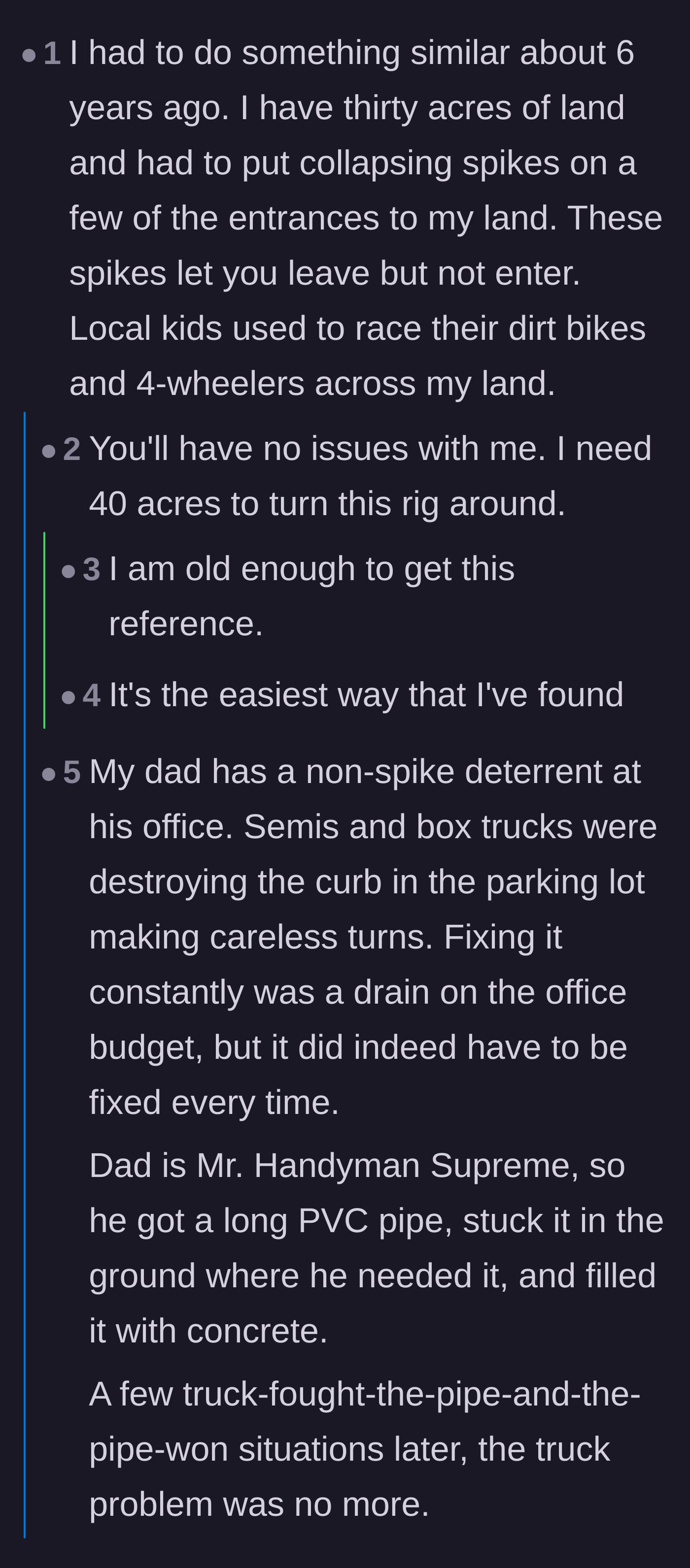 Comment thread 2 - Commenters sharing their own stories of using DIY deterrents like concrete pipes and collapsing spikes to protect property.