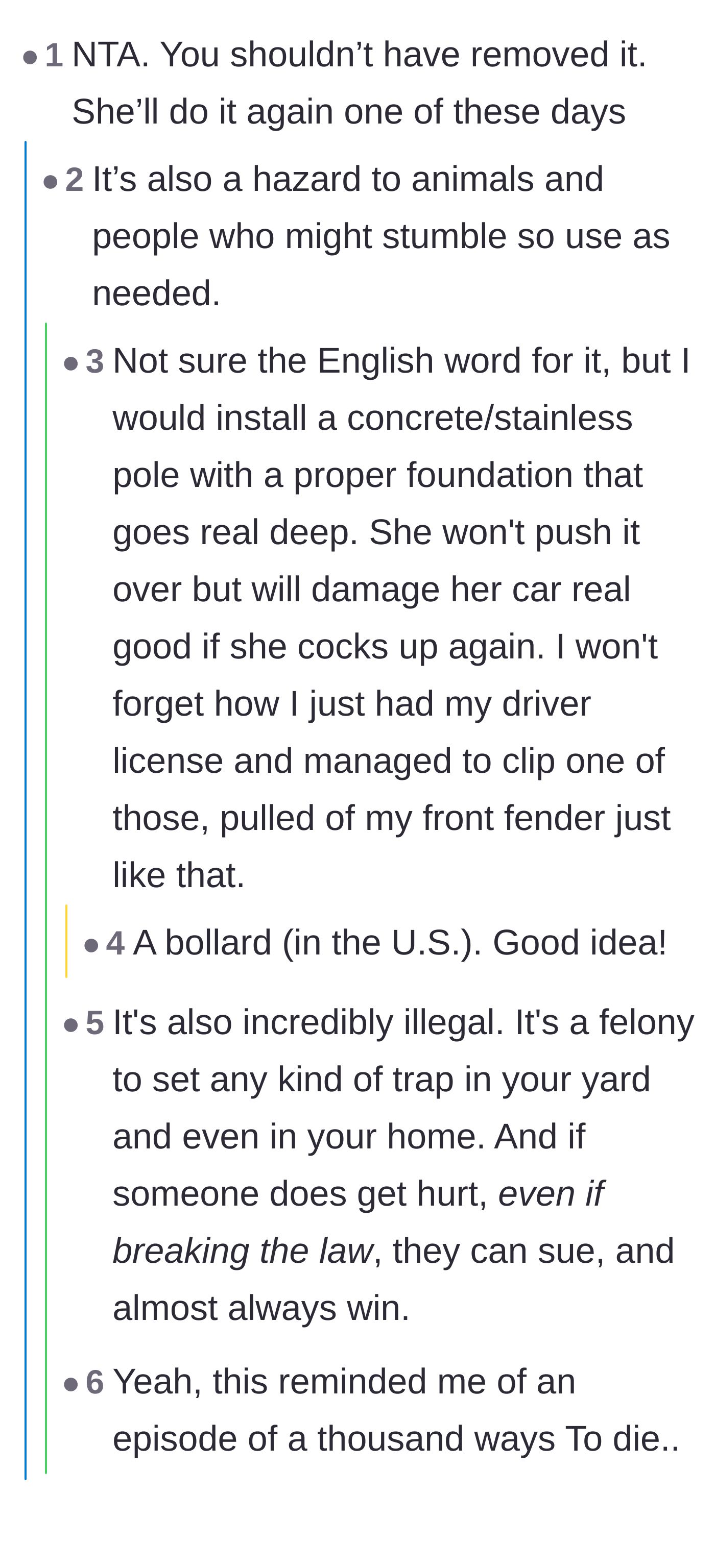 Comment thread 4 - A detailed discussion about the legal dangers of booby traps and suggestions for safer, legal alternatives like bollards.