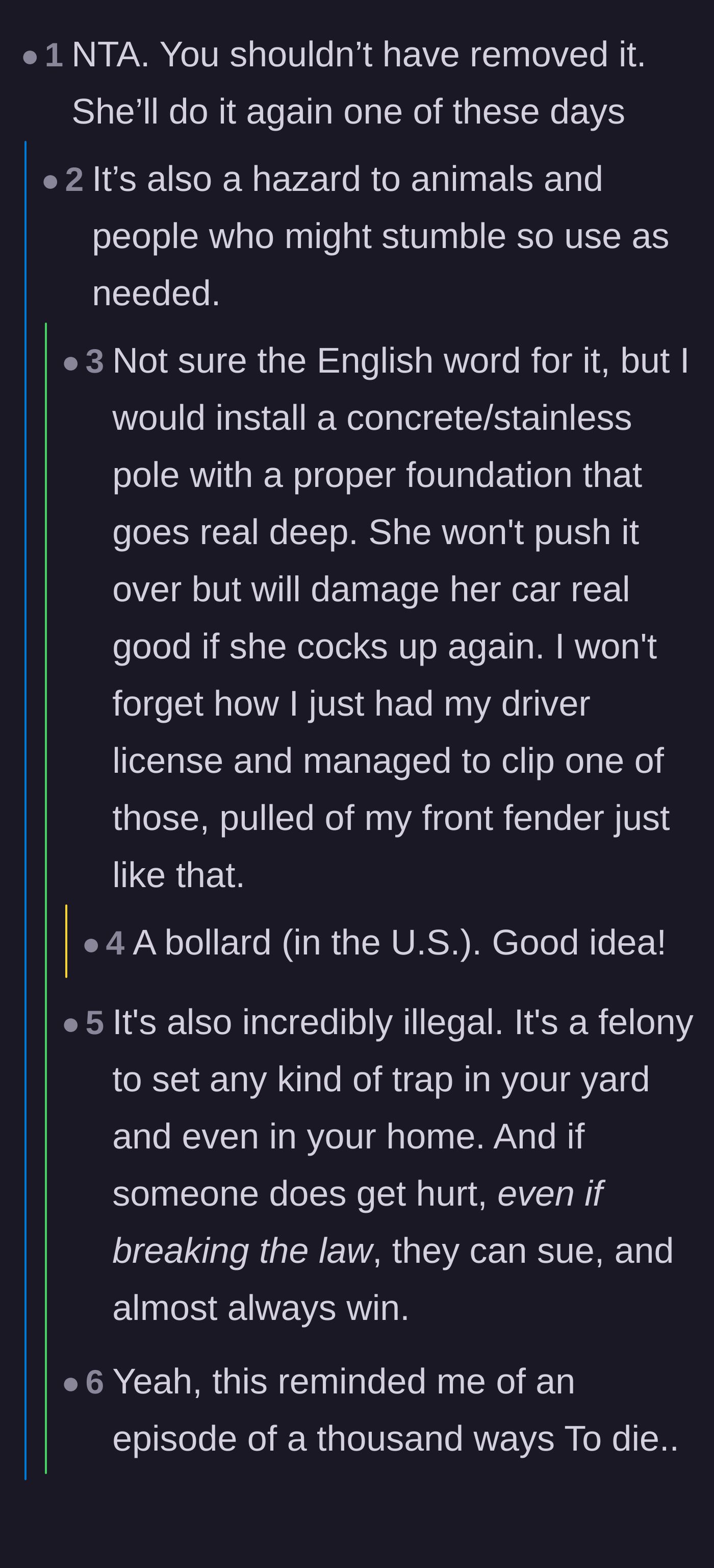 Comment thread 4 - A detailed discussion about the legal dangers of booby traps and suggestions for safer, legal alternatives like bollards.