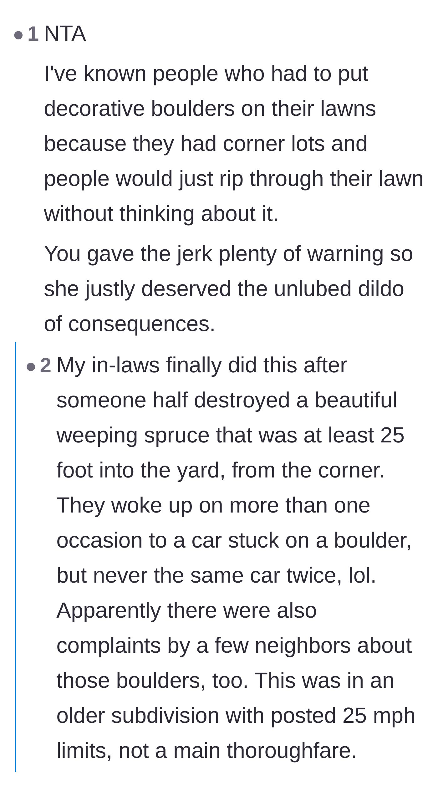 Comment thread 5 - Commenters sharing stories about using large decorative boulders to successfully deter bad drivers.