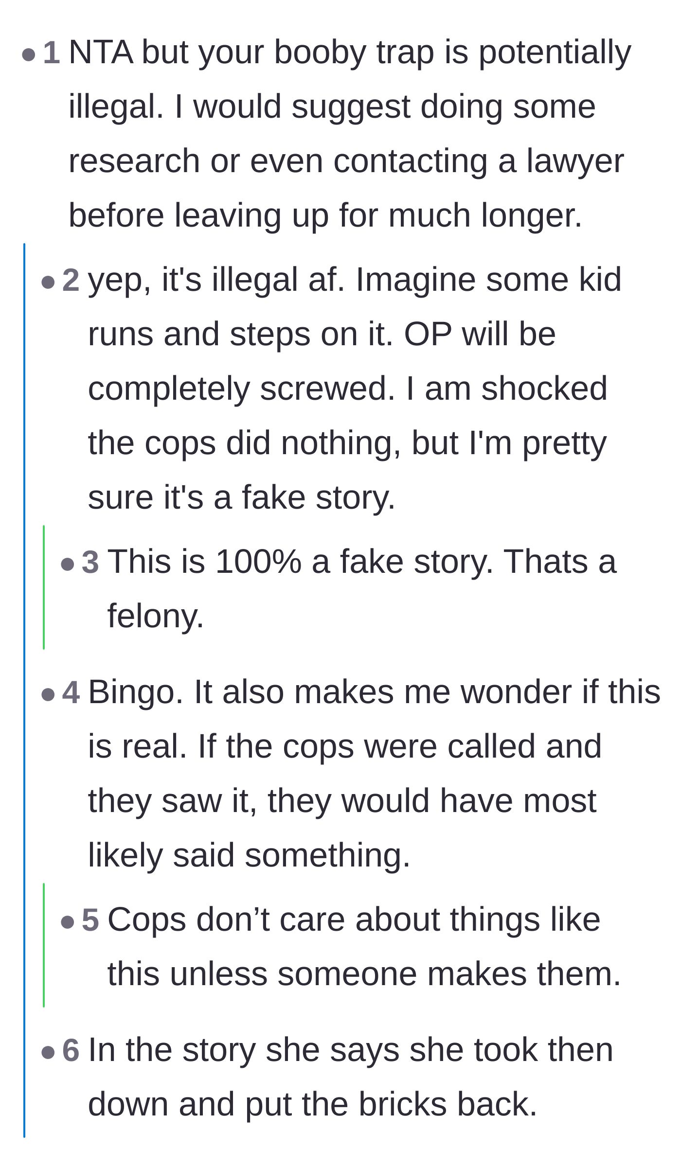 Comment thread 6 - Readers debating the authenticity of the story based on the illegality of the trap and strange dialogue phrasing.