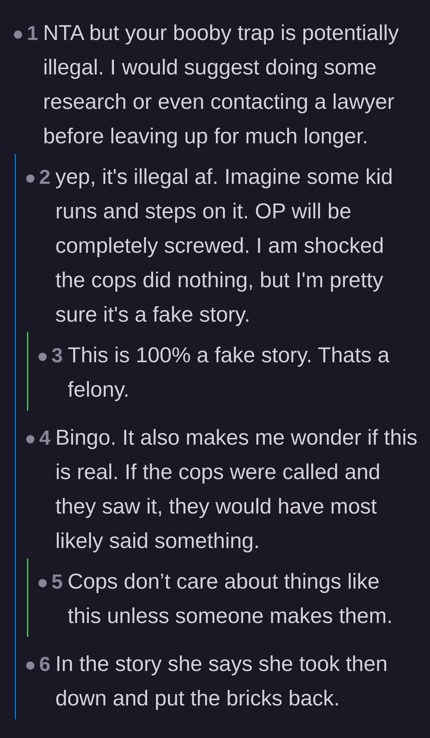 Comment thread 6 - Readers debating the authenticity of the story based on the illegality of the trap and strange dialogue phrasing.