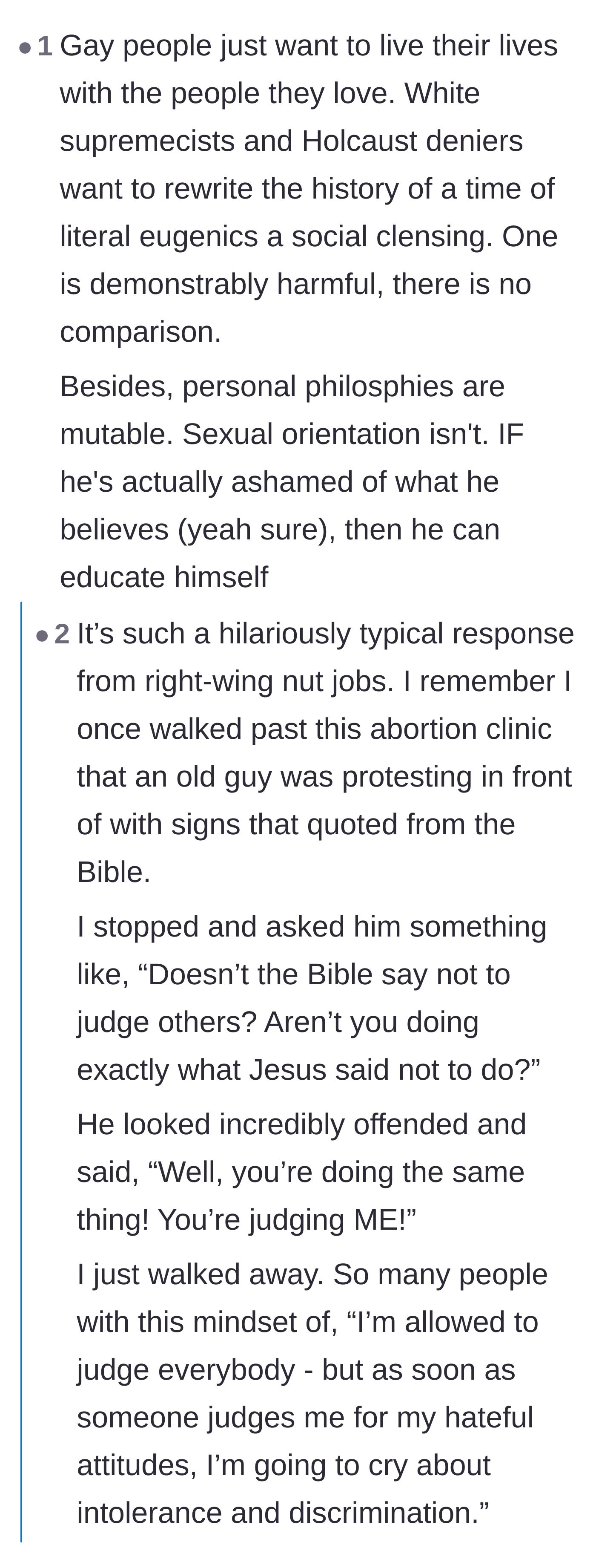 Comment thread 2 - A debate contrasting the biological reality of sexual orientation with the willful choice of adopting extremist ideologies, leading into a theological discussion on hypocrisy.