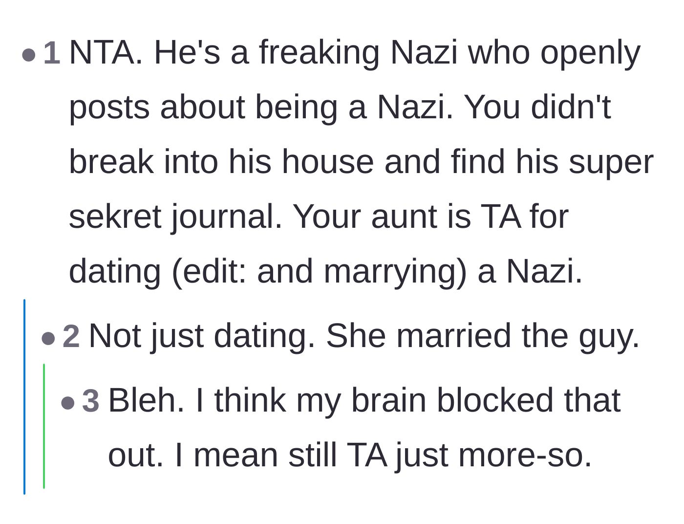 Comment thread 3 - Commenters pointing out that marrying an extremist makes the aunt entirely complicit in his ideology.