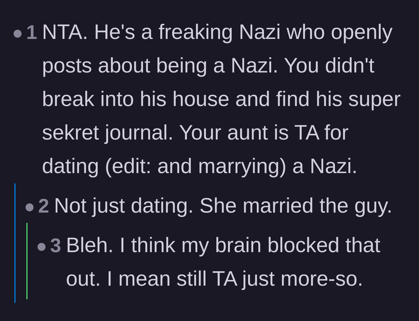 Comment thread 3 - Commenters pointing out that marrying an extremist makes the aunt entirely complicit in his ideology.