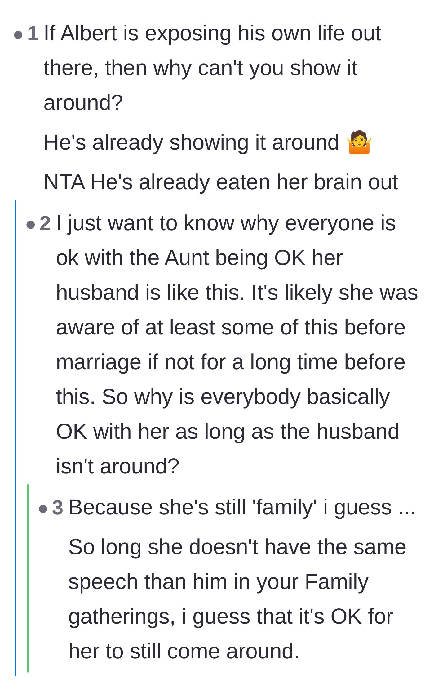 Comment thread 5 - A conversation questioning why the family still tolerates the aunt given her ongoing acceptance of her husband's beliefs.