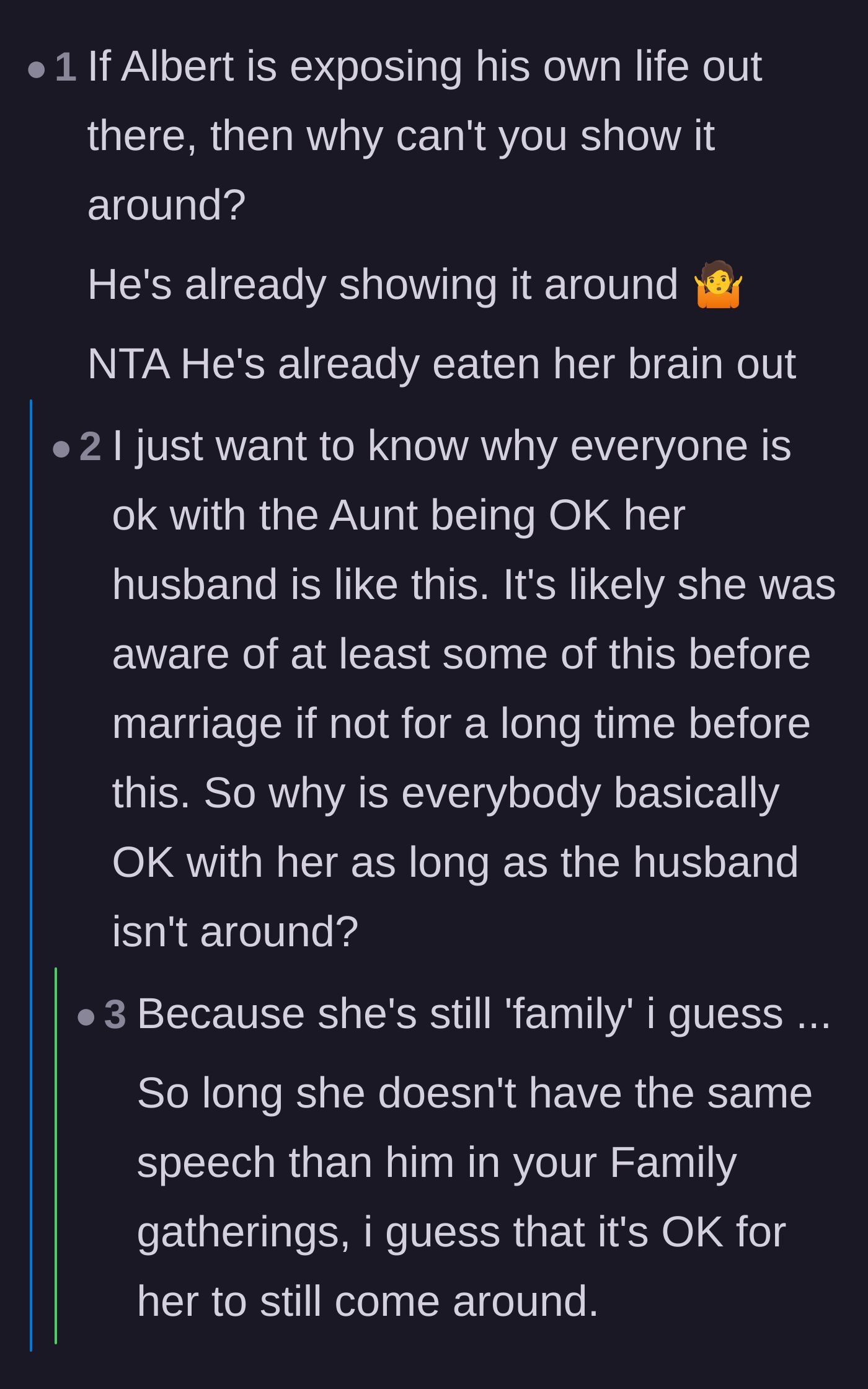 Comment thread 5 - A conversation questioning why the family still tolerates the aunt given her ongoing acceptance of her husband's beliefs.