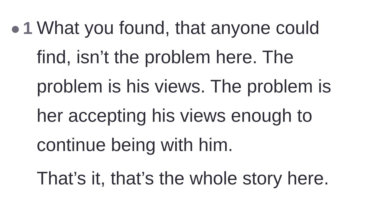 Comment thread 6 - A concluding thought emphasizing that the core issue is the husband's beliefs and the aunt's acceptance of them, not how the information was found.