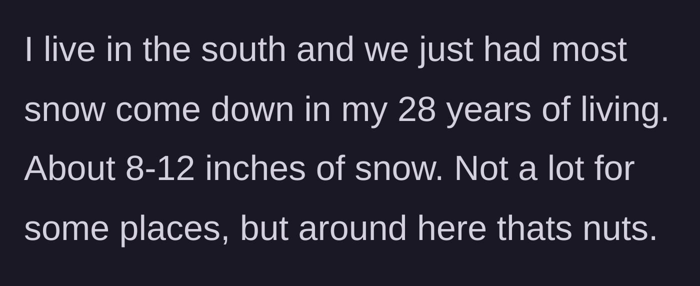 Story part 1 - Main character describing an unusually heavy 8-to-12-inch snowstorm hitting a Southern state.