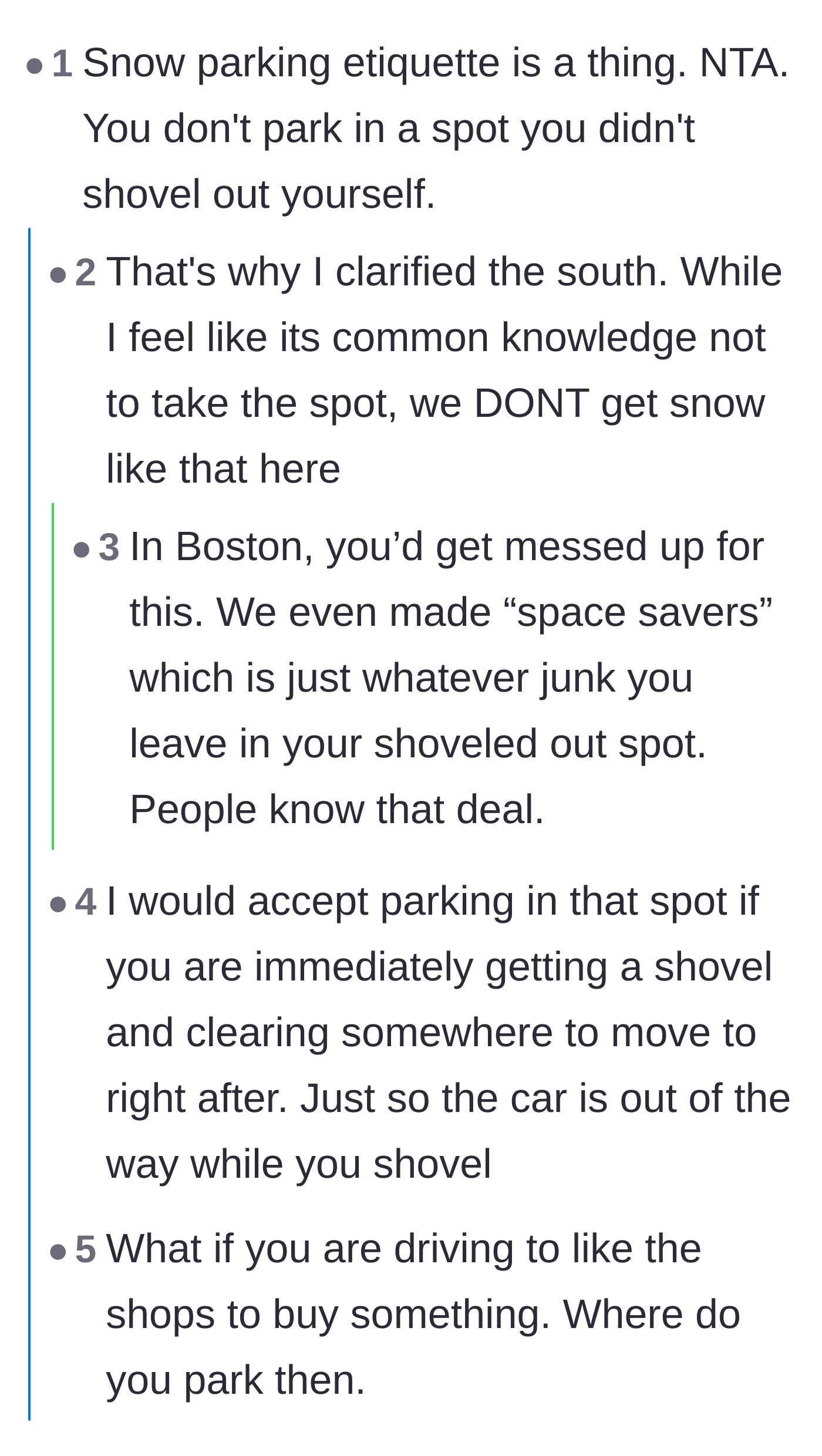 Comment thread 1 - A discussion about regional snow parking etiquette and the aggressive use of space savers in northern cities.