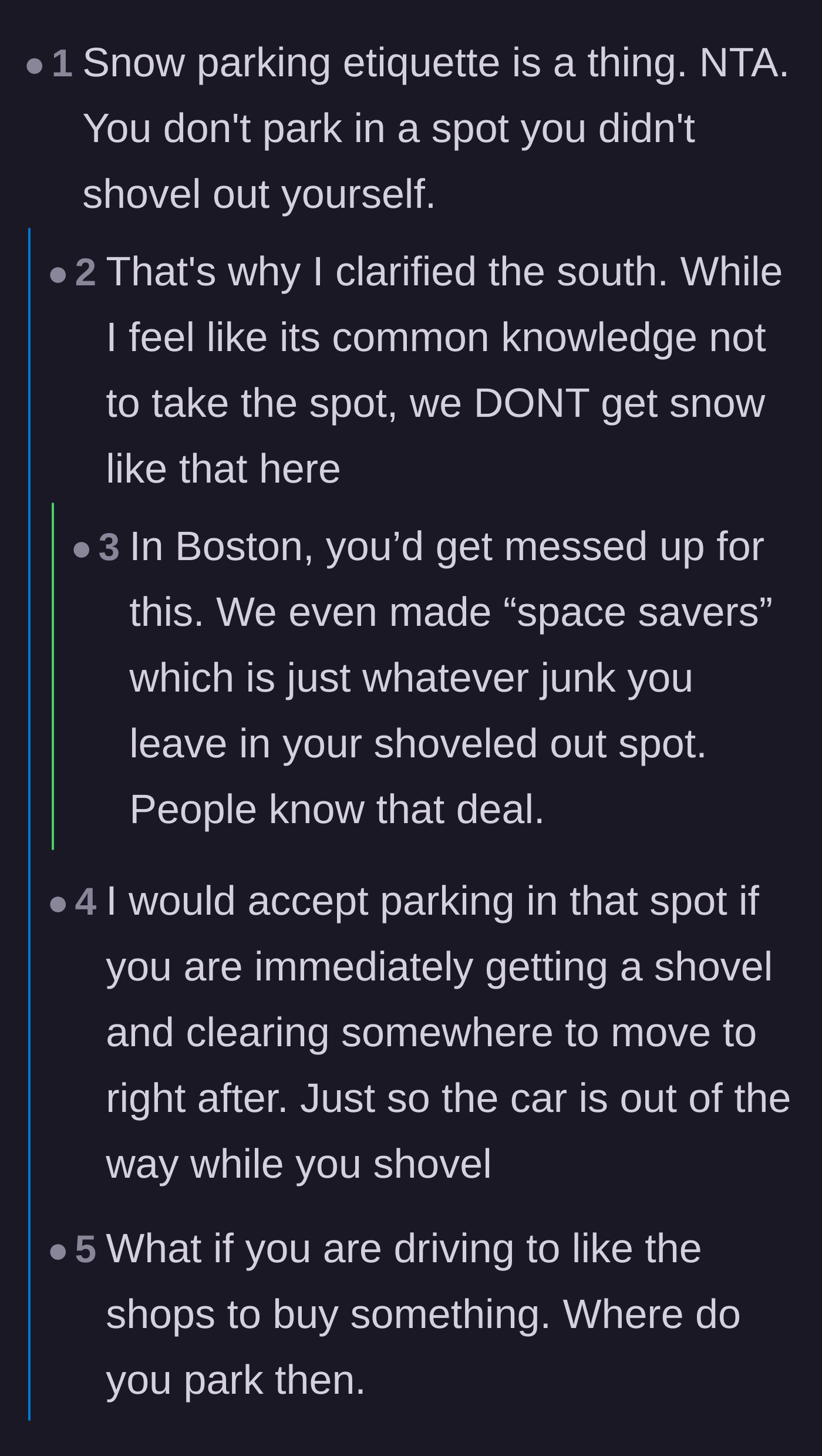 Comment thread 1 - A discussion about regional snow parking etiquette and the aggressive use of space savers in northern cities.