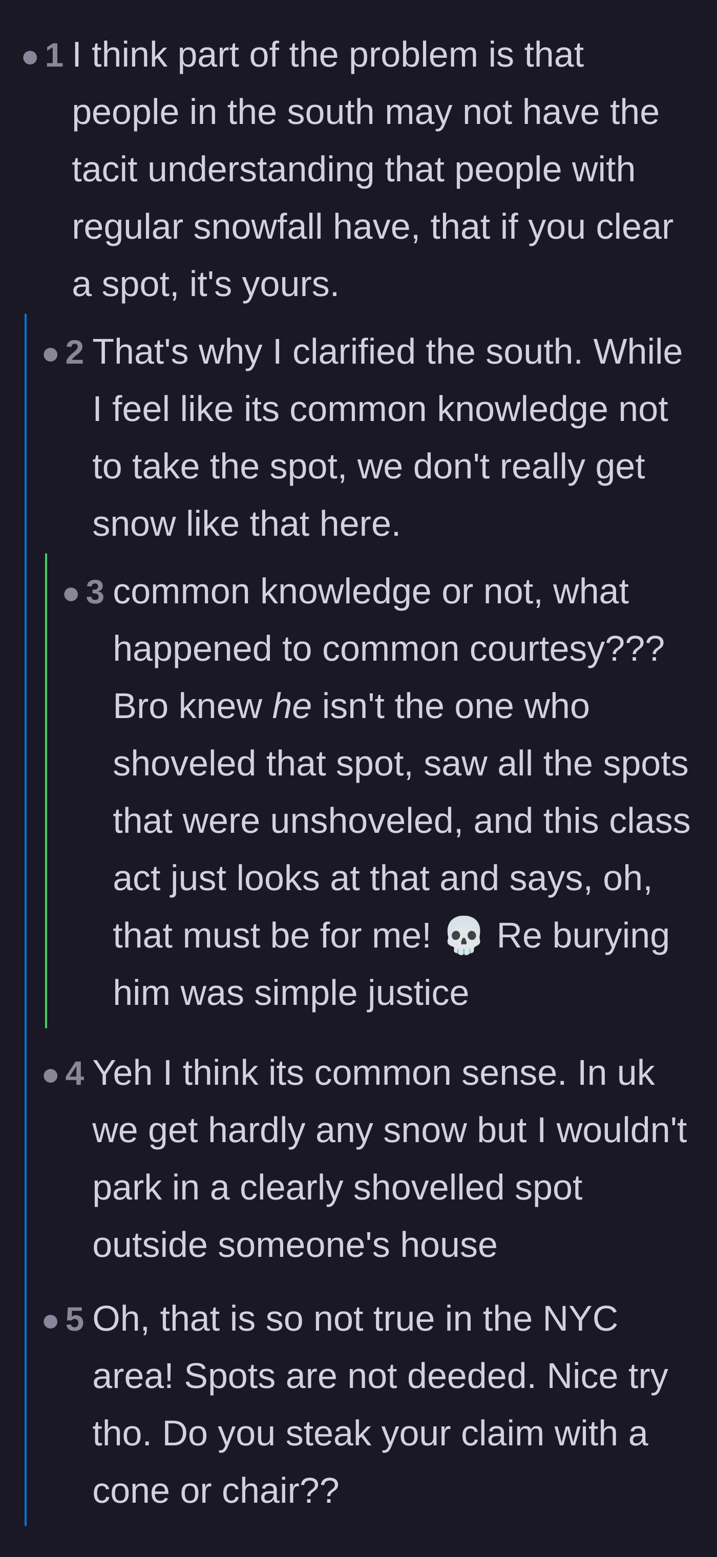 Comment thread 2 - A debate on whether southerners understand winter social contracts, featuring a joke about staking a claim with beef.