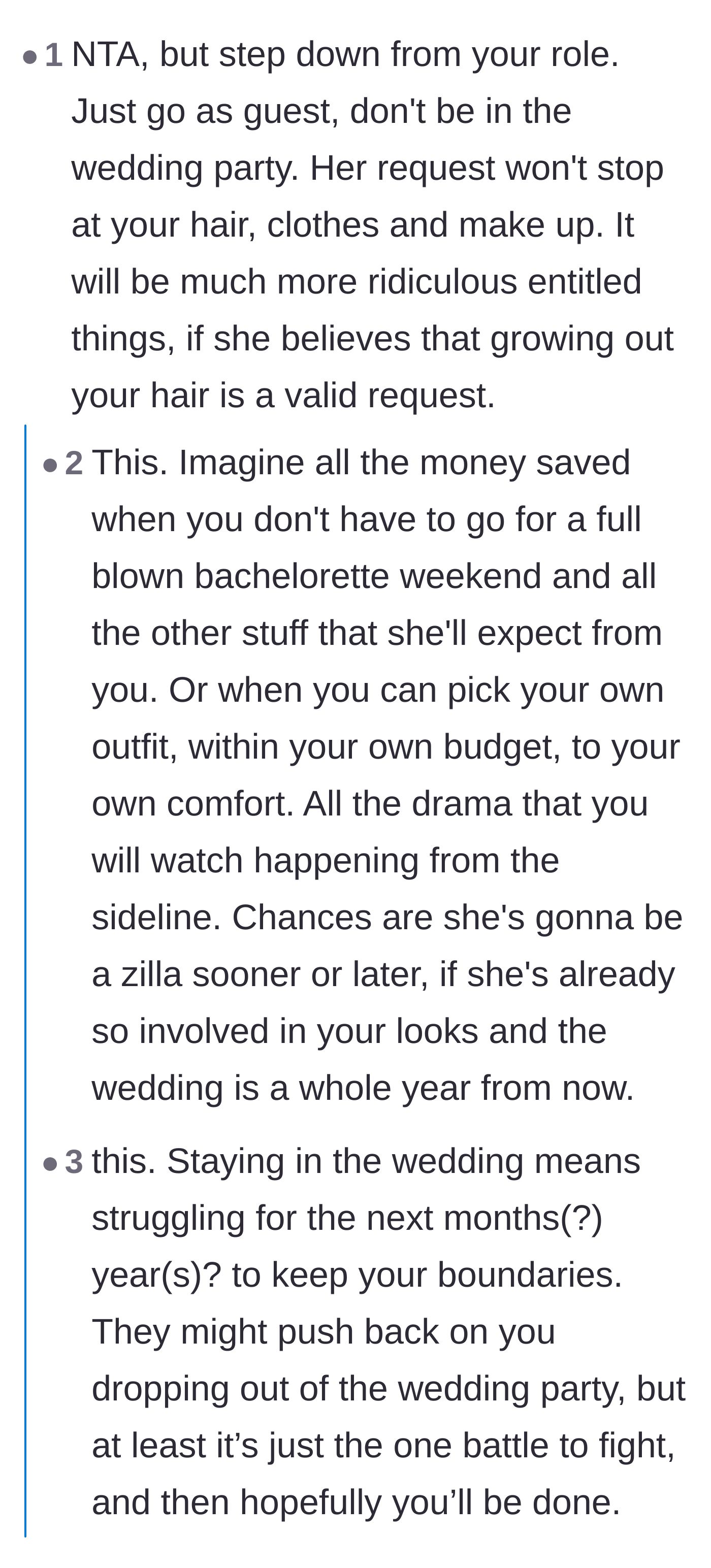 Comment thread 3 - Advice on dropping out of the bridal party now to avoid a full year of escalating demands and expensive wedding events