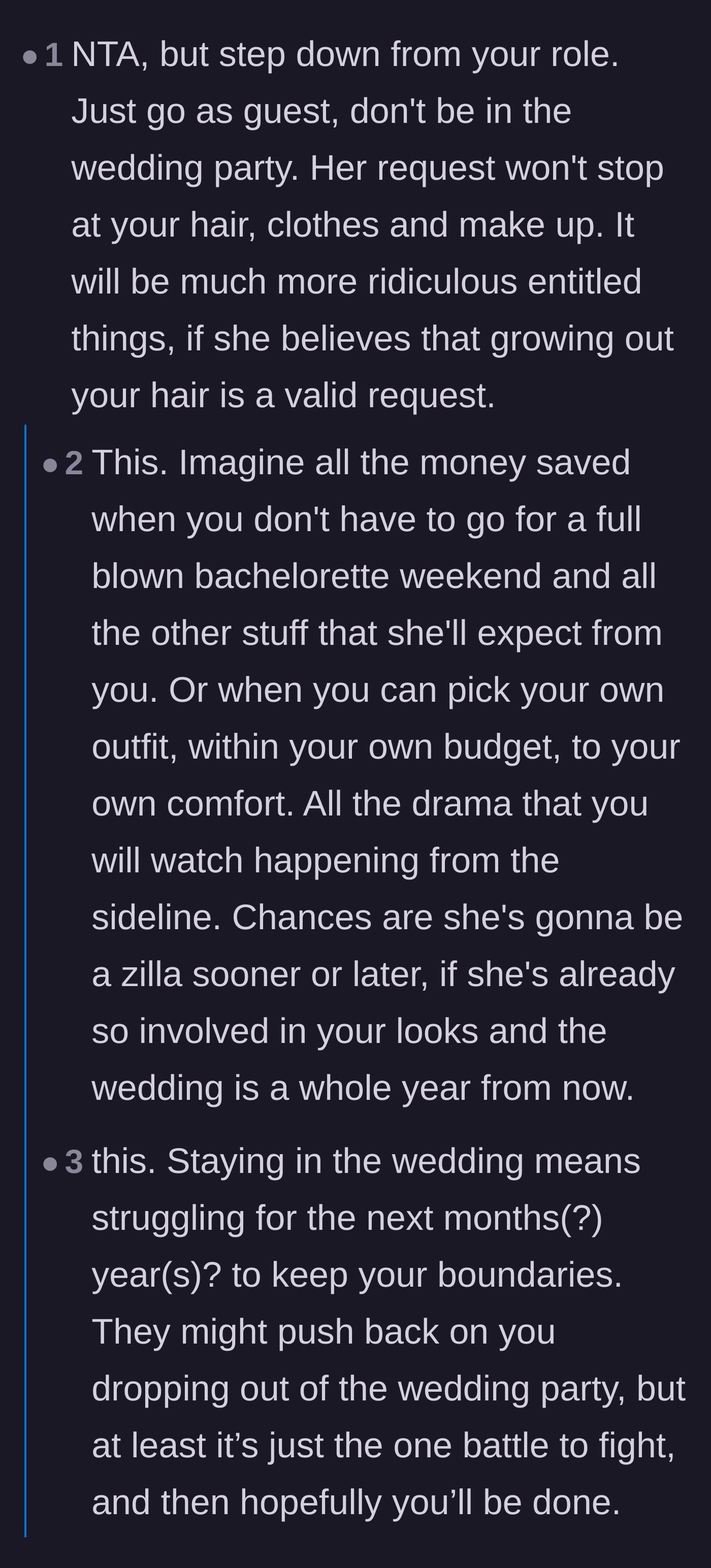 Comment thread 3 - Advice on dropping out of the bridal party now to avoid a full year of escalating demands and expensive wedding events