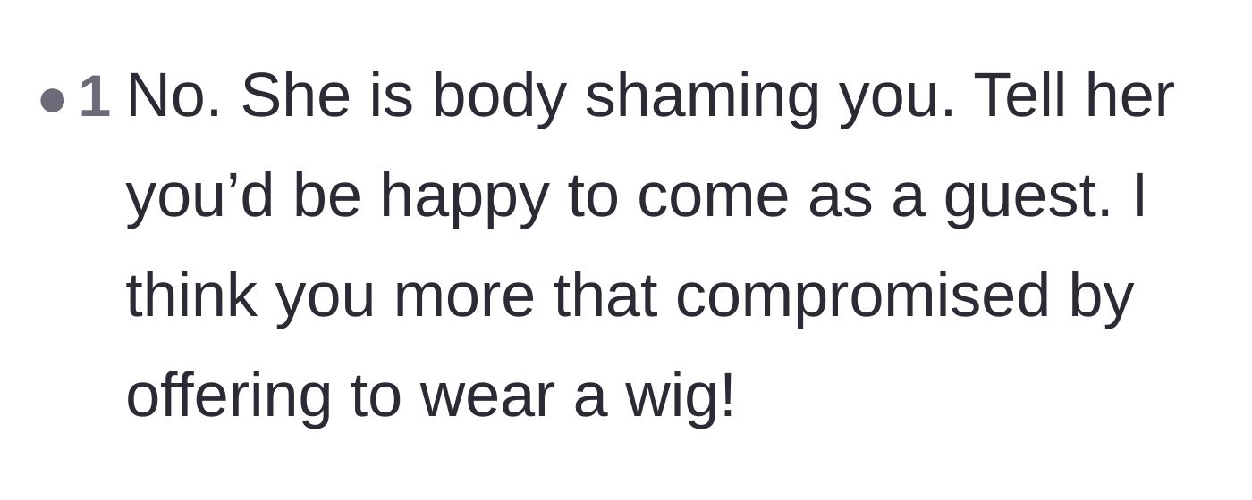 Comment thread 4 - A reader calls out the bride's behavior as body shaming and praises the sibling for already offering to wear a wig
