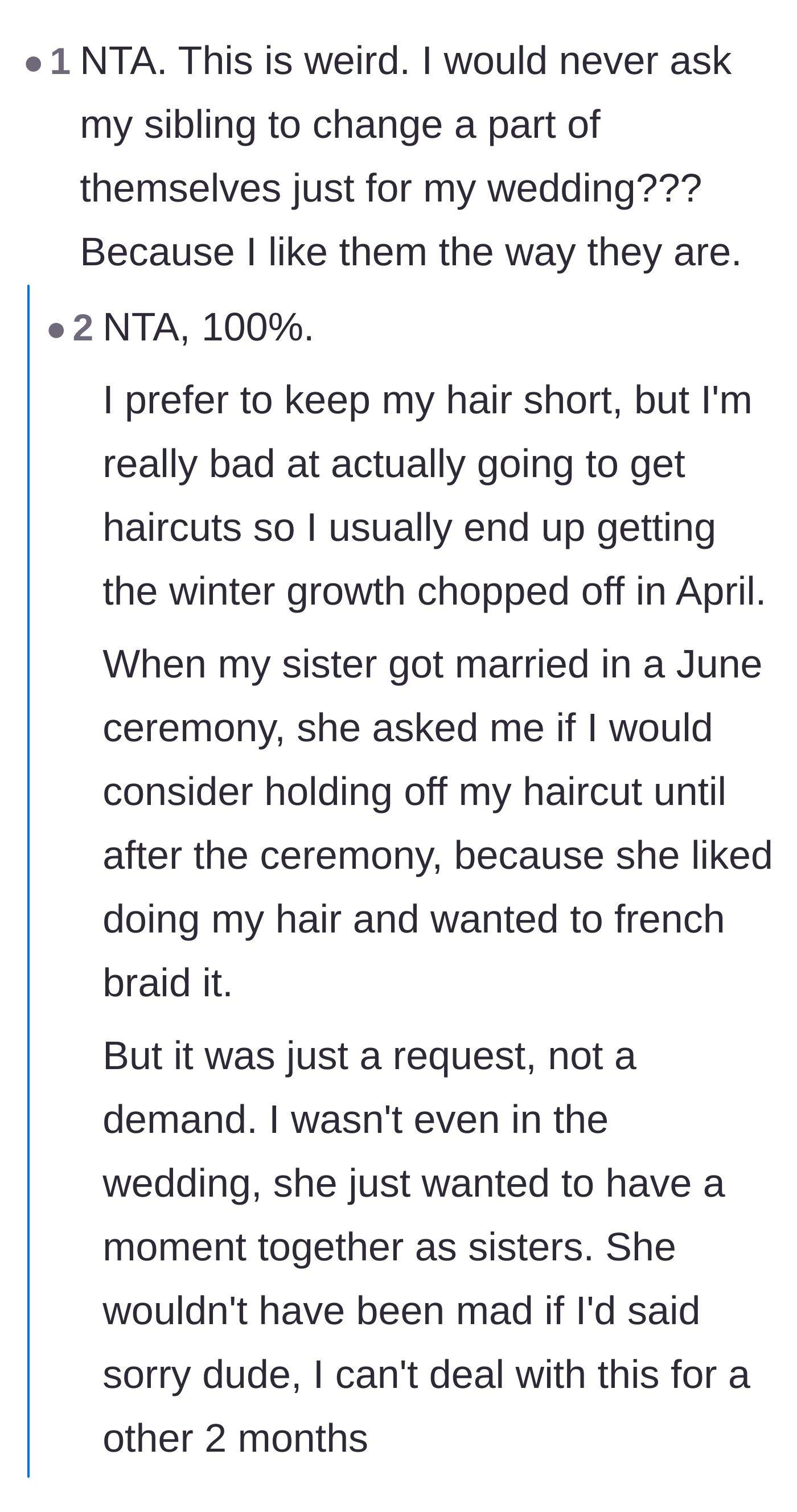 Comment thread 5 - Readers contrast the bride's controlling ultimatum with a wholesome story of how a loving sister actually handles hair requests
