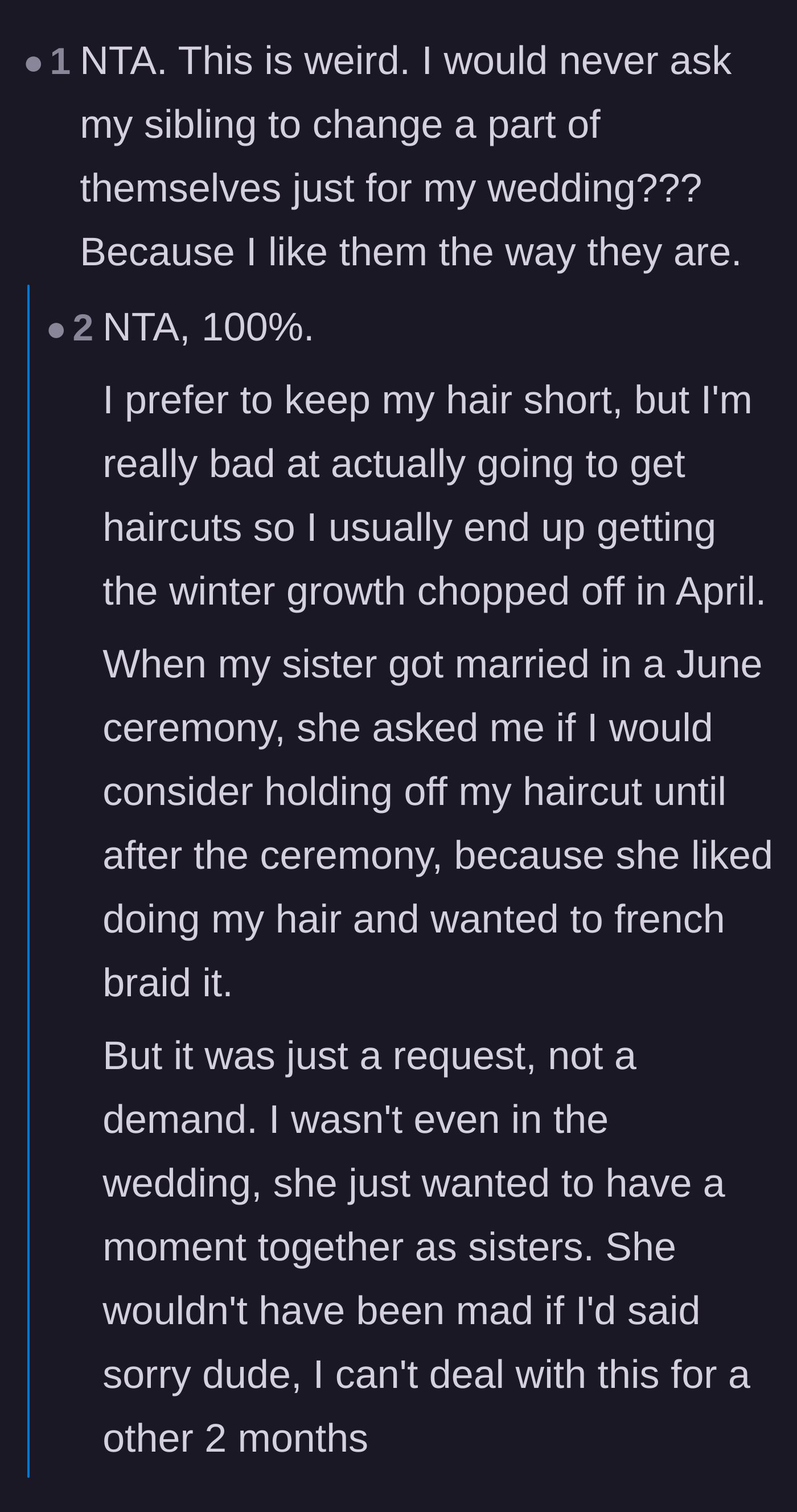 Comment thread 5 - Readers contrast the bride's controlling ultimatum with a wholesome story of how a loving sister actually handles hair requests