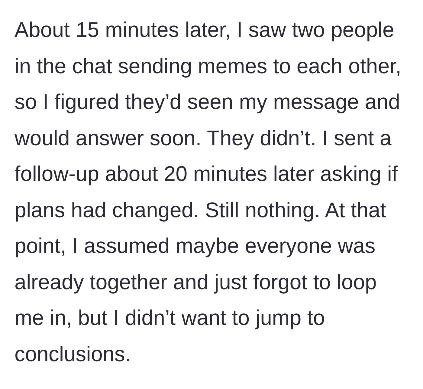 Story part 2 - Group chat screenshot showing two friends happily exchanging memes while completely ignoring a direct question about plans.