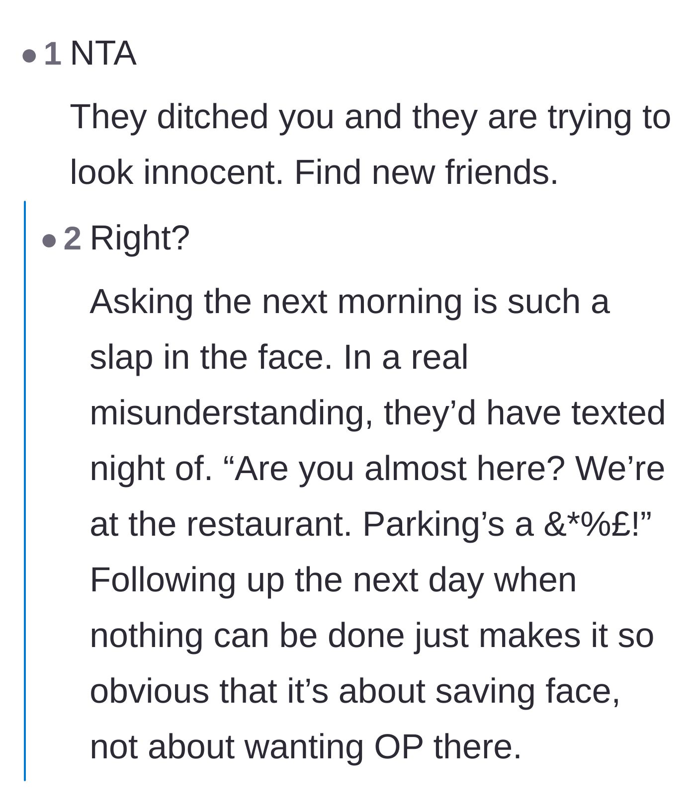 Comment thread 2 - Readers pointing out that waiting until the next day to text is a cruel way for the friends to cover their own guilt.