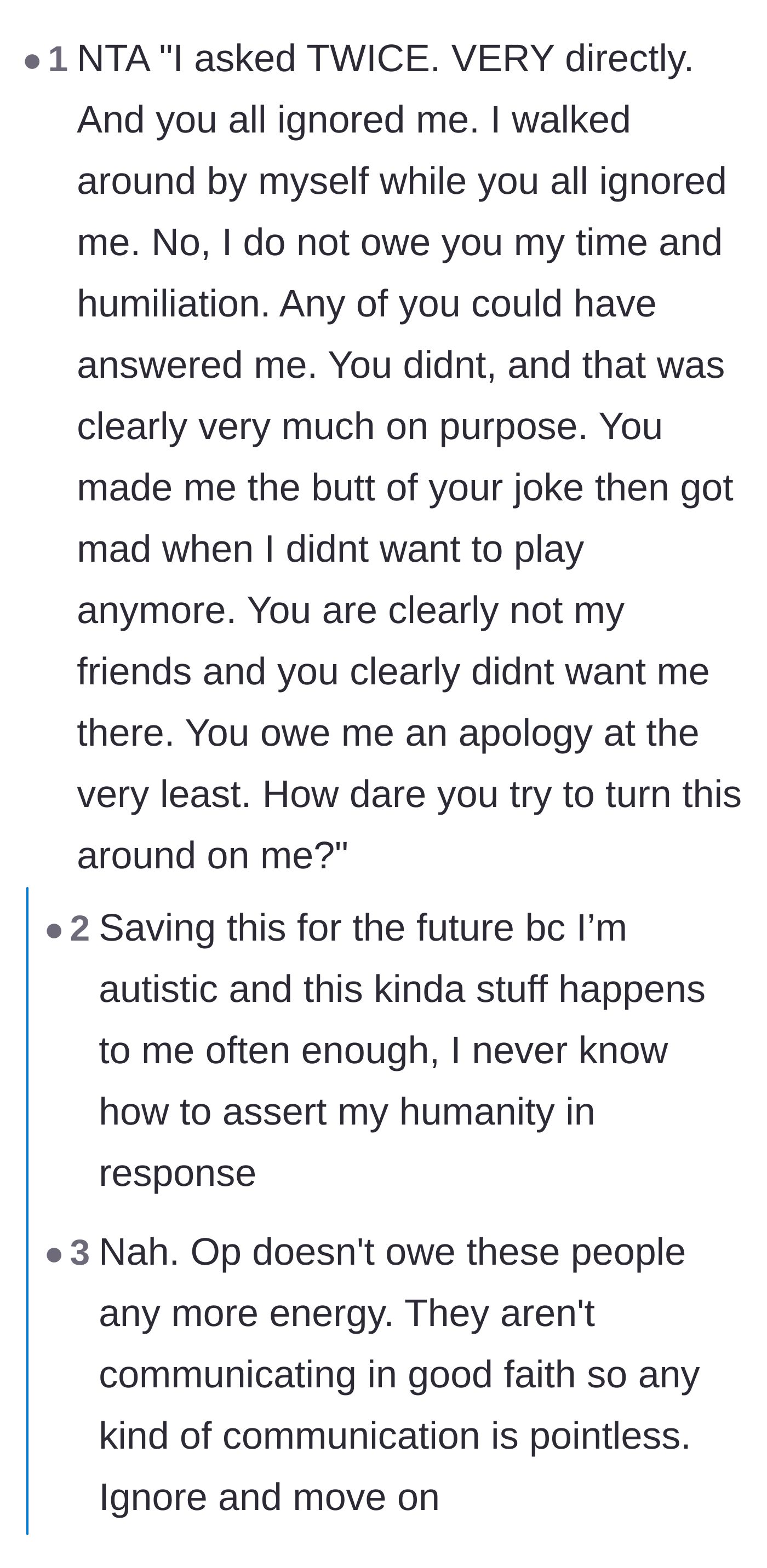 Comment thread 4 - A suggested fiery text response and a heartbreaking side conversation about neurodivergent people being taken advantage of by fake friends.
